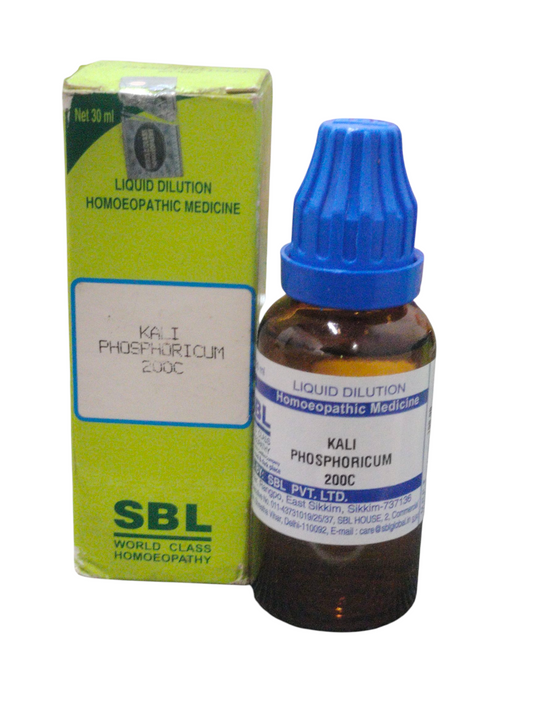SBL Kali Phosphoricum 200C homeopathic dilution 30ml bottle and box for nerve health and vitality.