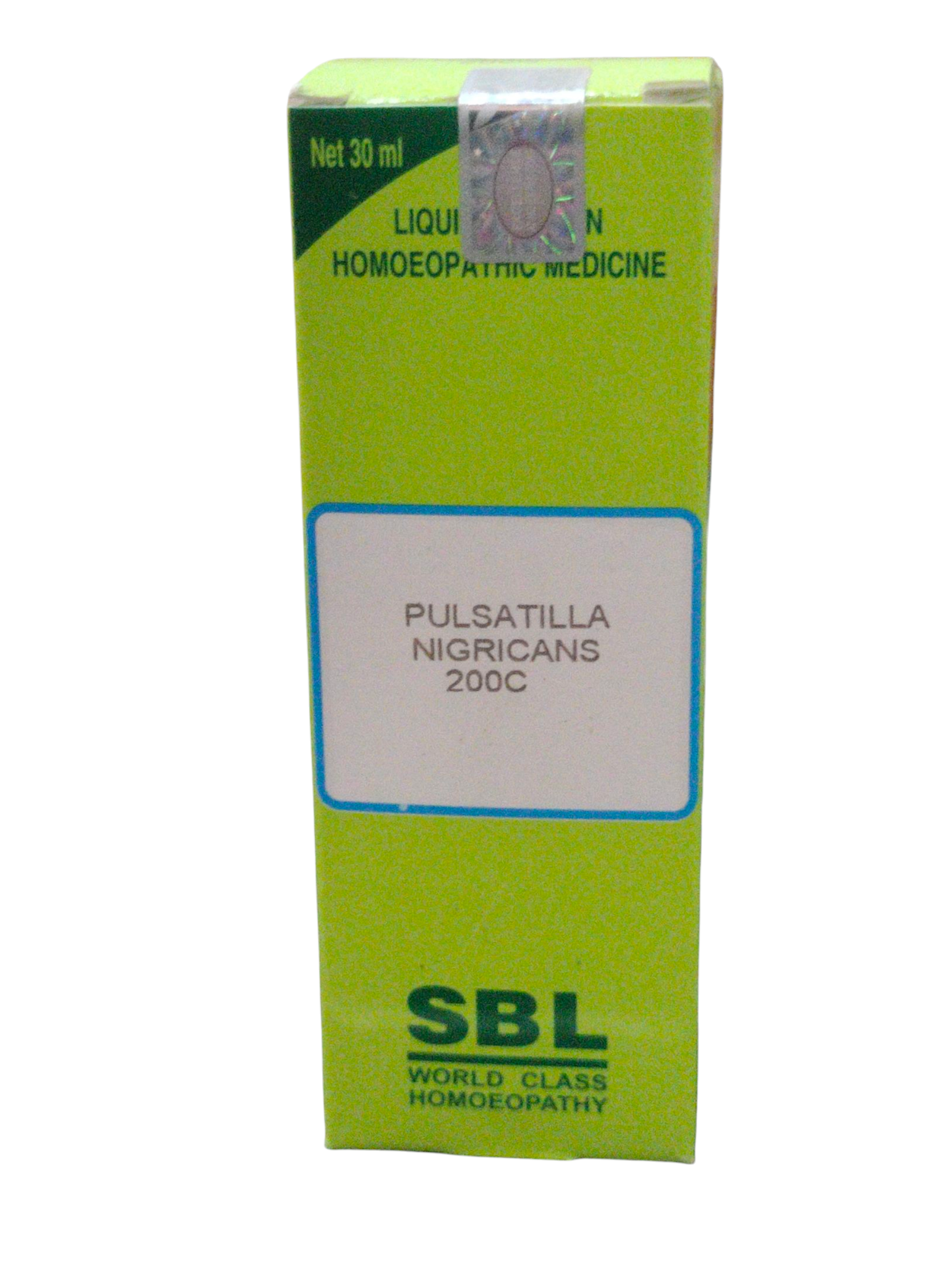 SBL Pulsatilla Nigricans 200C homeopathic medicine 30ml packaging for women's health and digestive issues.