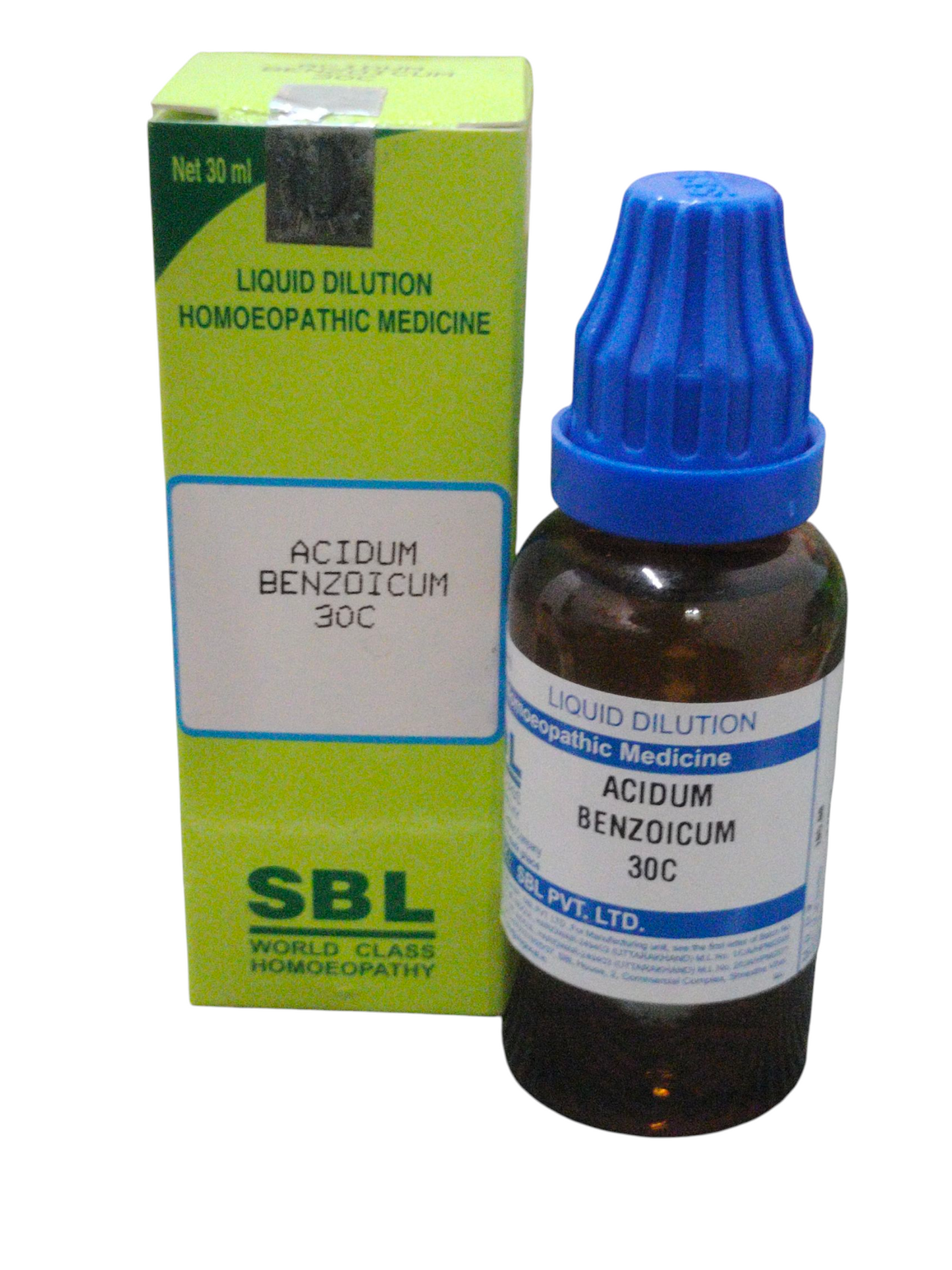 SBL Acidum Benzoicum 200C homeopathic dilution 30ml bottle with box packaging for natural remedies.