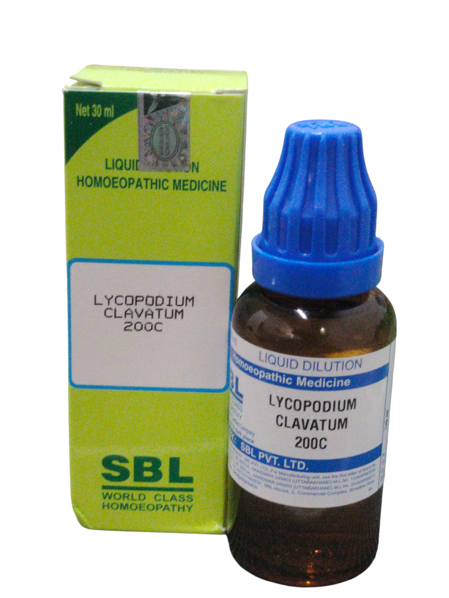 SBL Lycopodium Clavatum 200C homeopathic dilution 30ml bottle and packaging for digestive health.