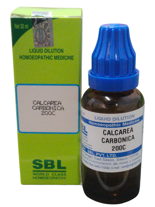 SBL Calcarea Carbonica 200C homeopathic dilution 30ml bottle for chronic ailments and digestive troubles.