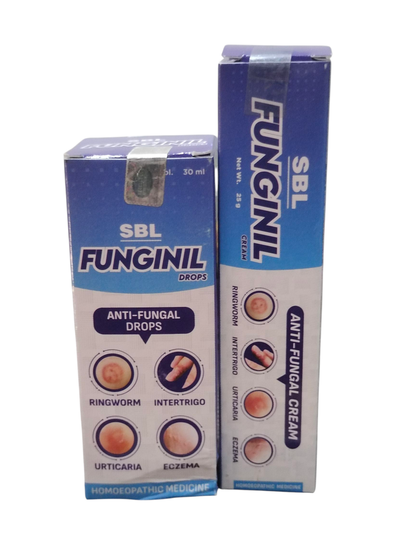 SBL Funginil anti-fungal drops and cream packaging on a white background