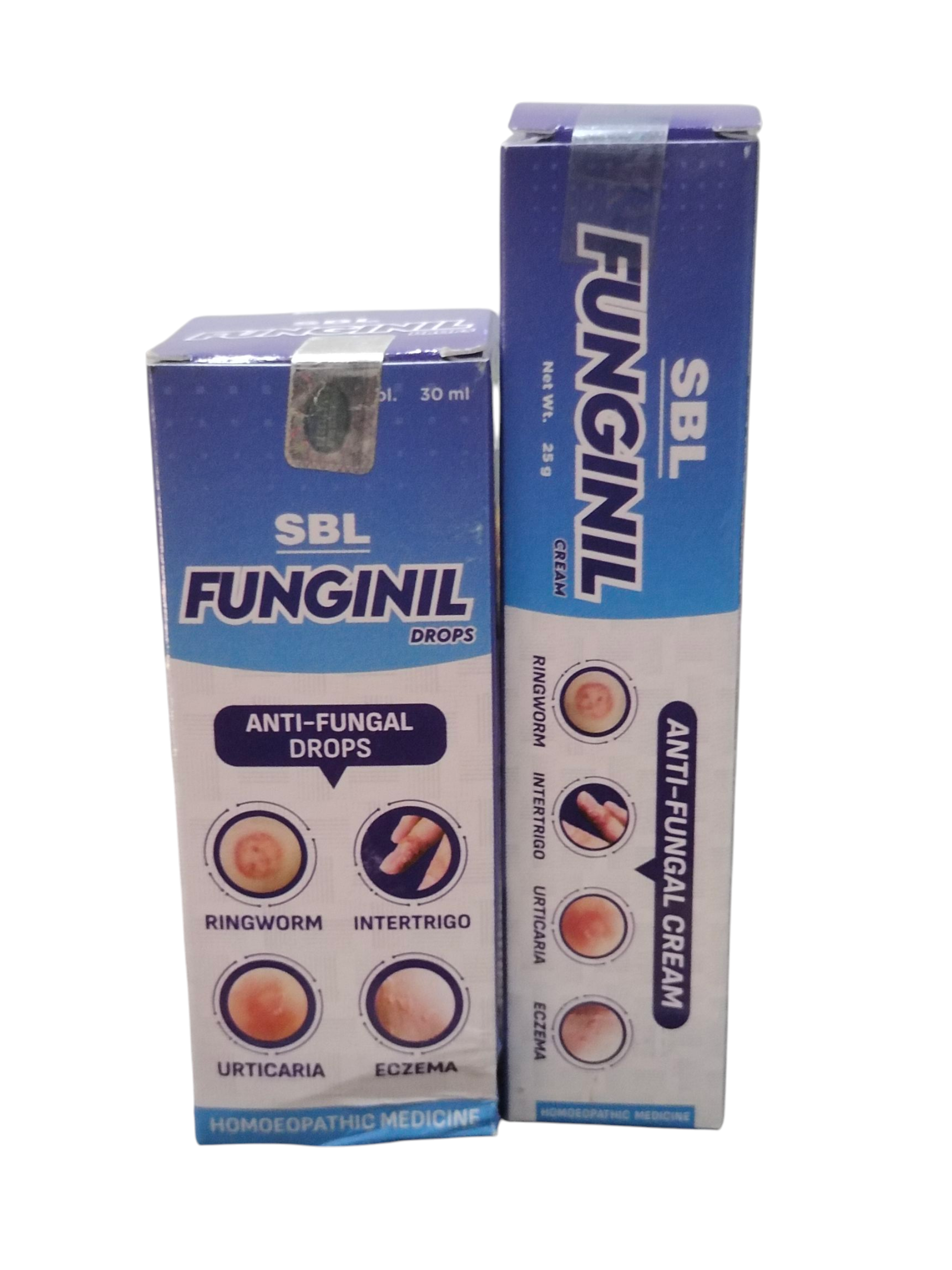 SBL Funginil anti-fungal drops and cream packaging on a white background