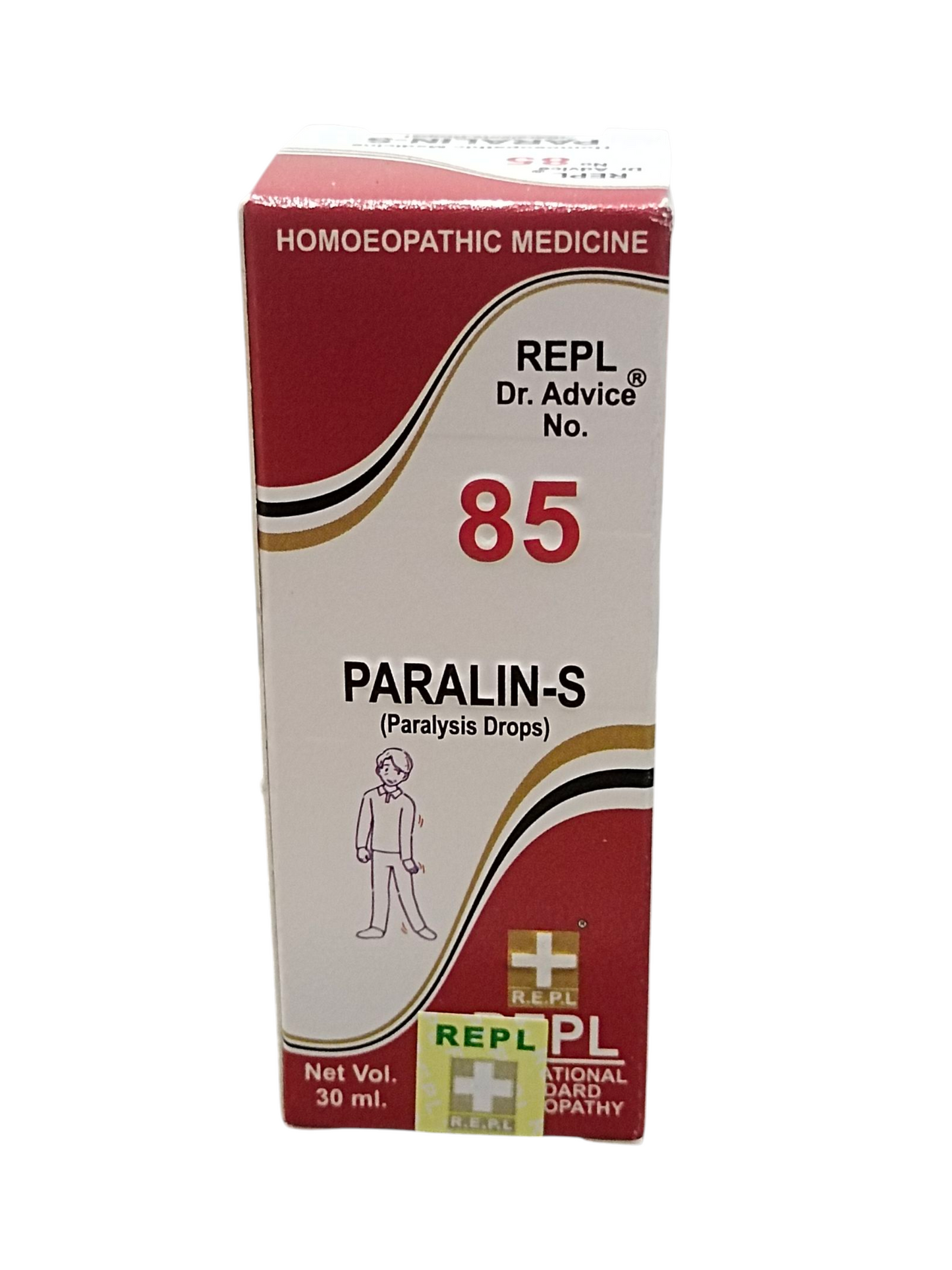 Box of Paralin-S paralysis drops with red and white design on a white background