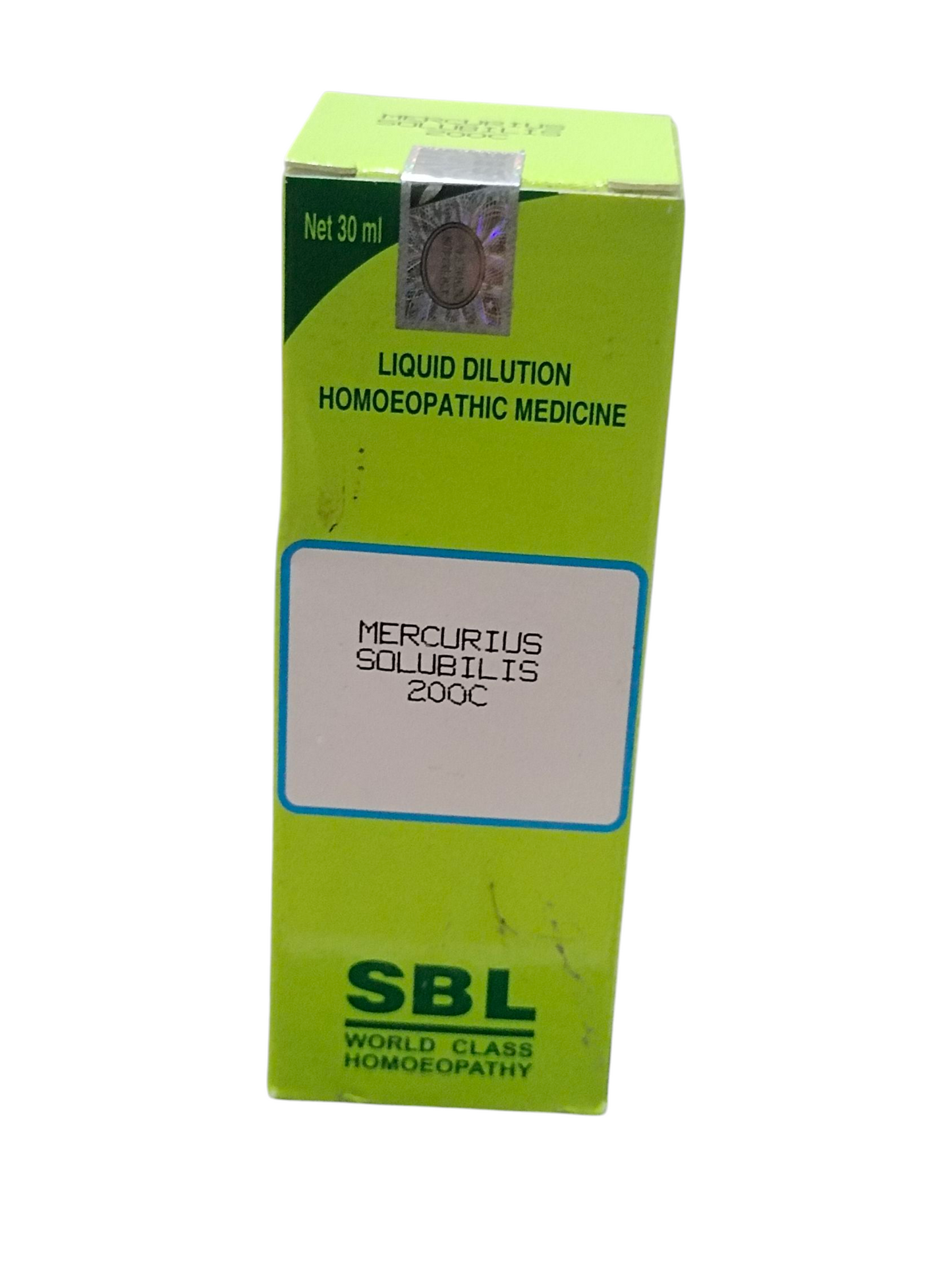 Green box of SBL Mercurius Solubilis 200C homeopathic medicine on a white background