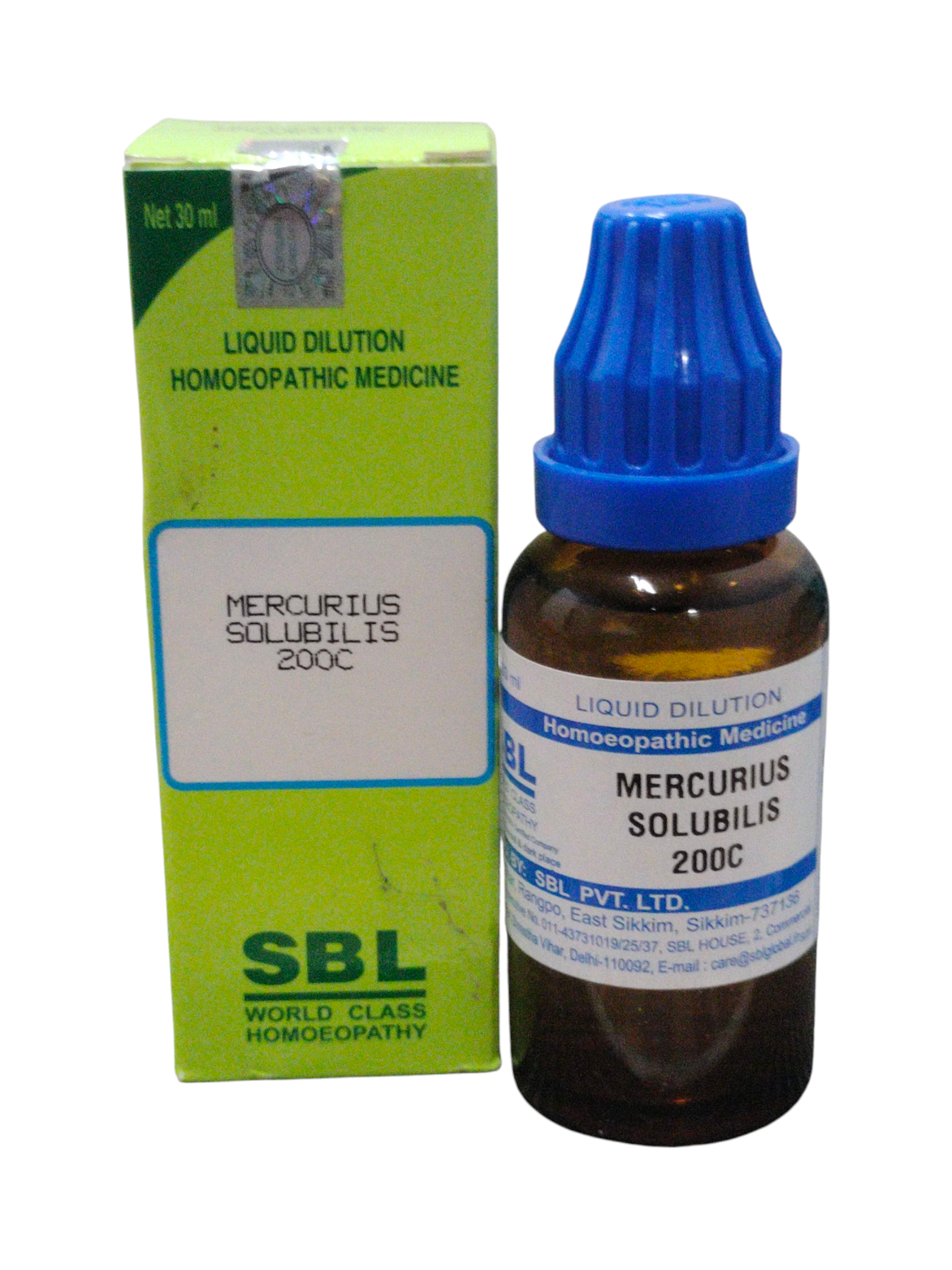 Homeopathic medicine bottle and packaging with SBL label on a white background