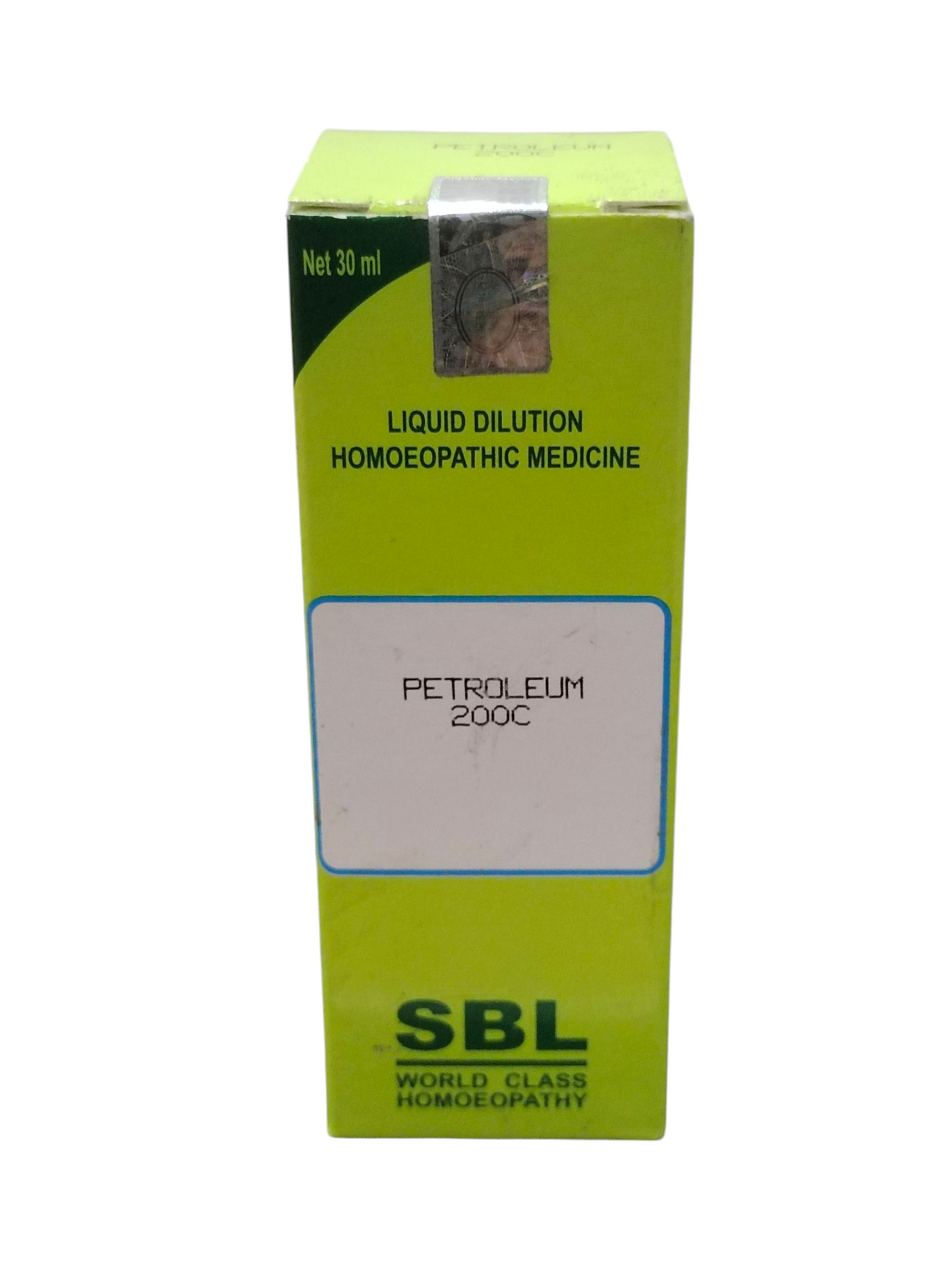 SBL homoeopathic medicine box with green and white design on a white background