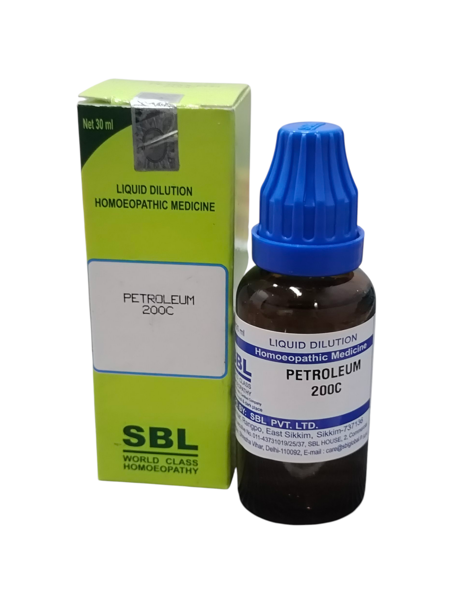 SBL Petroleum 200C homeopathic medicine bottle and packaging on a white background