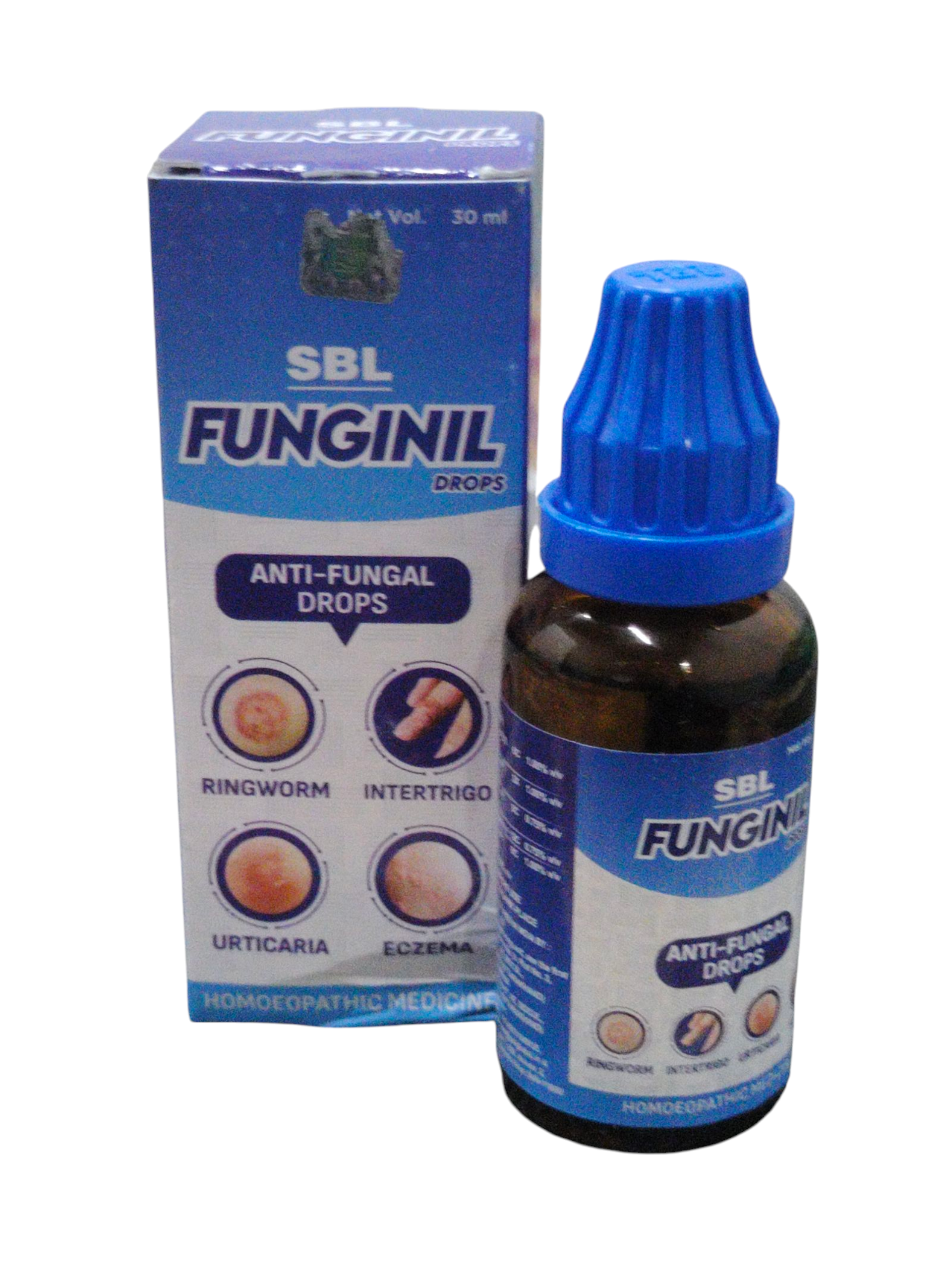 SBL Funginil anti-fungal drops bottle and packaging on a white background