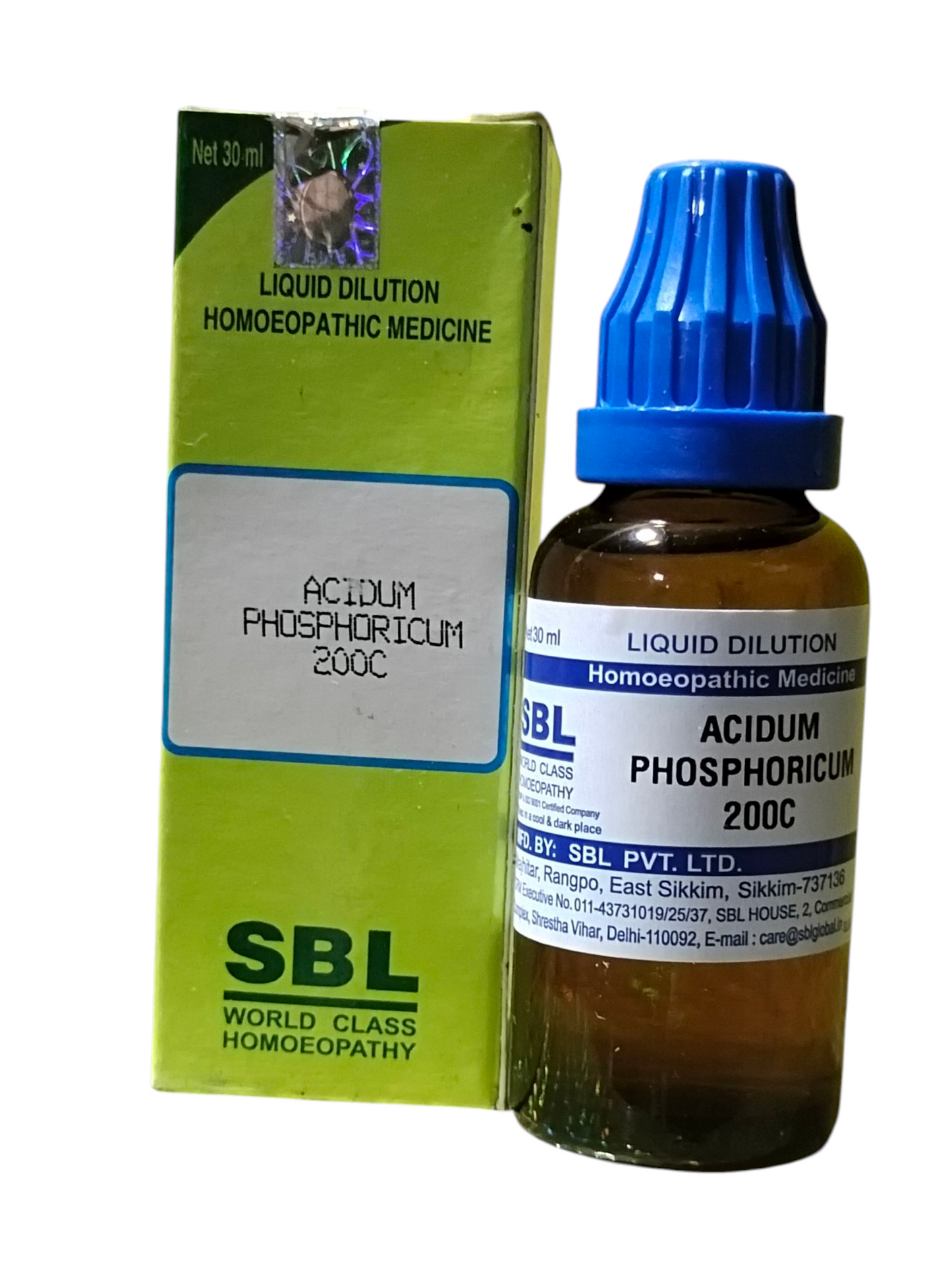 SBL Acidum Phosphoricum 200C homeopathic medicine bottle and packaging on a white background