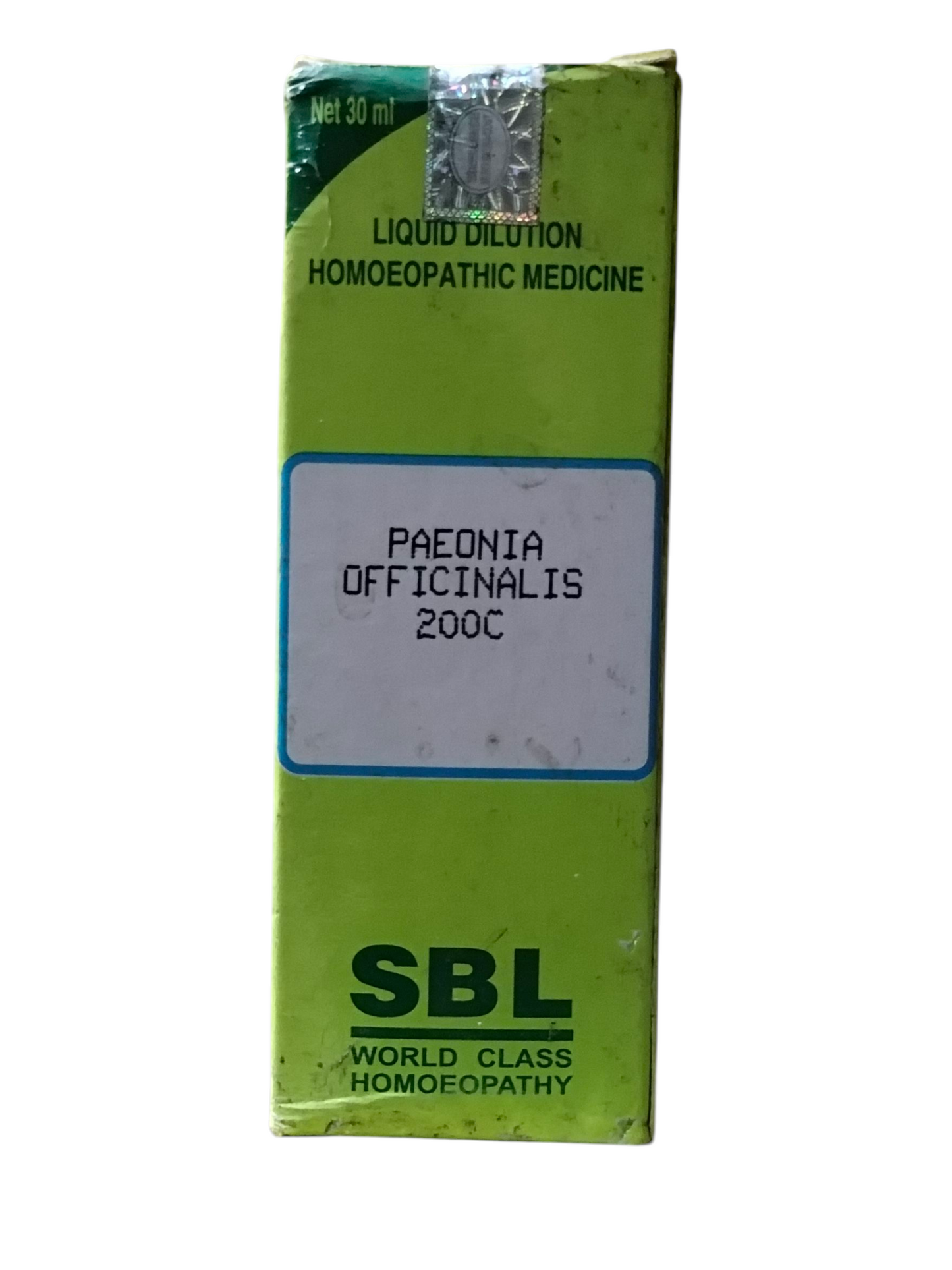 Green box of SBL Paonia Officinalis 200C homoeopathic medicine on a white background