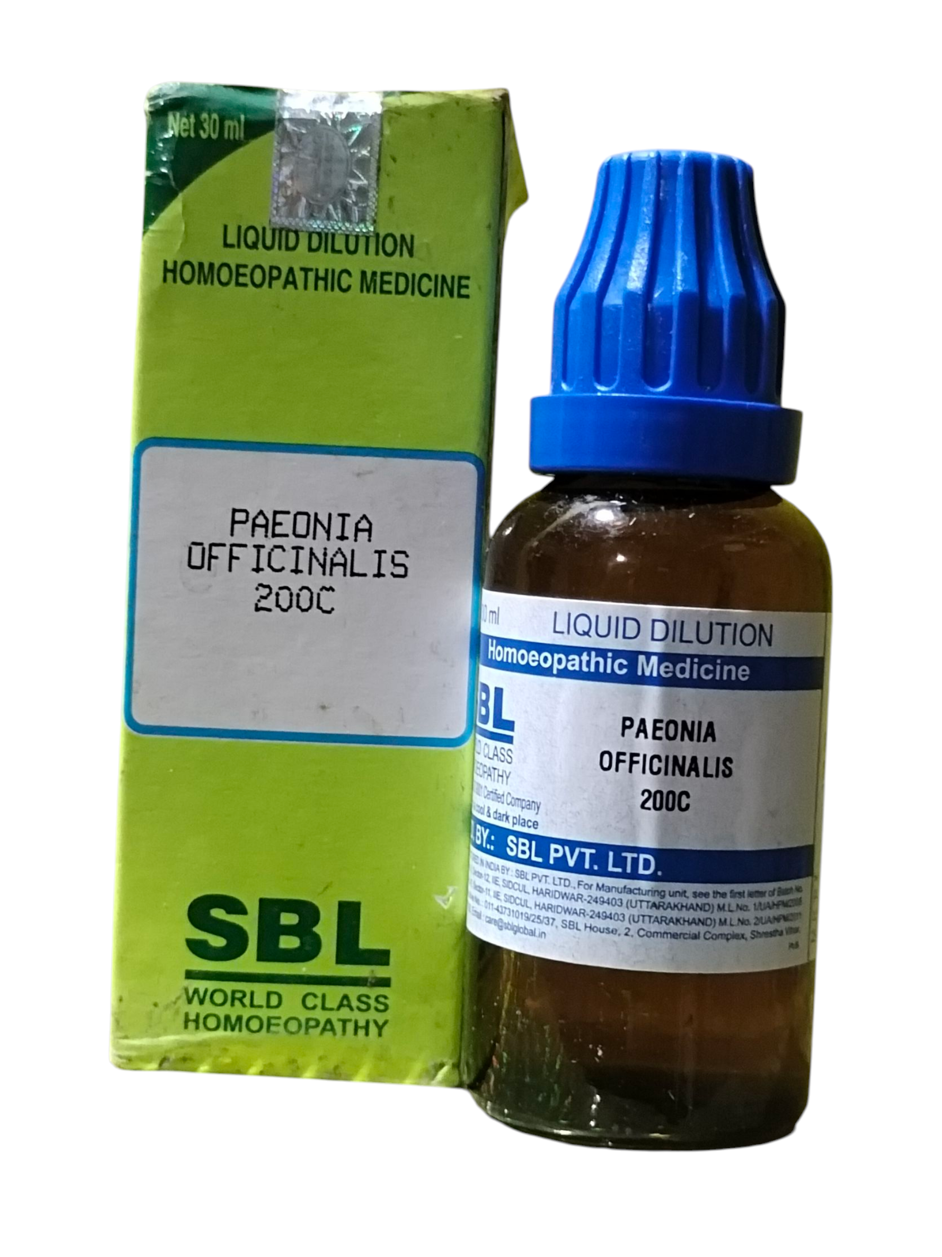 SBL Paonia Officinalis 200C homeopathic medicine bottle and packaging on a white background