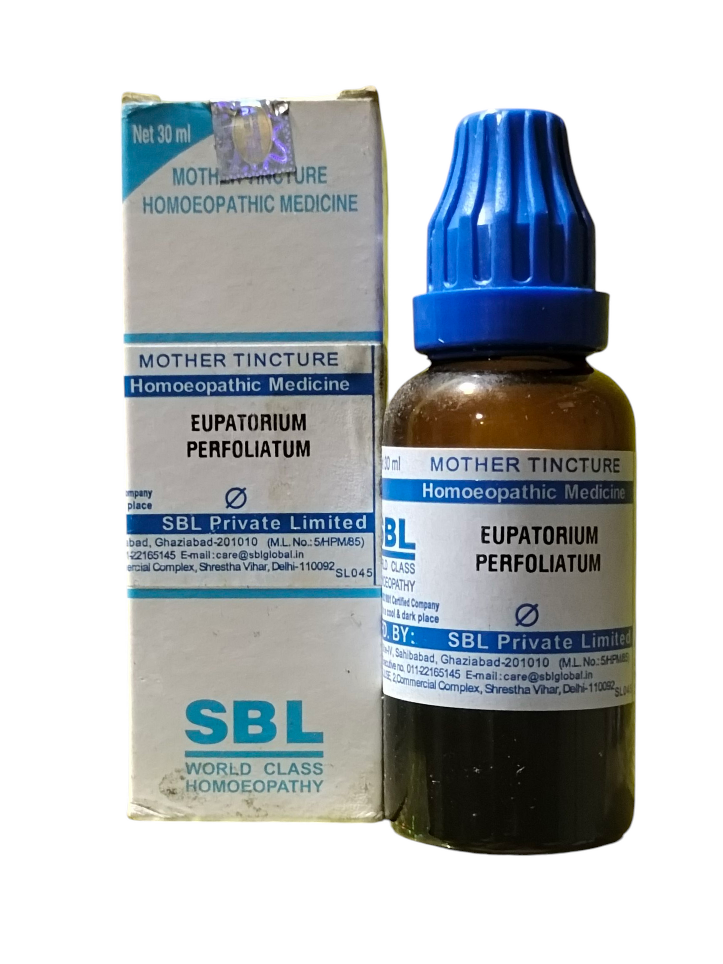 SBL Eupatorium Perfoliatum homeopathic medicine bottle and box on a white background