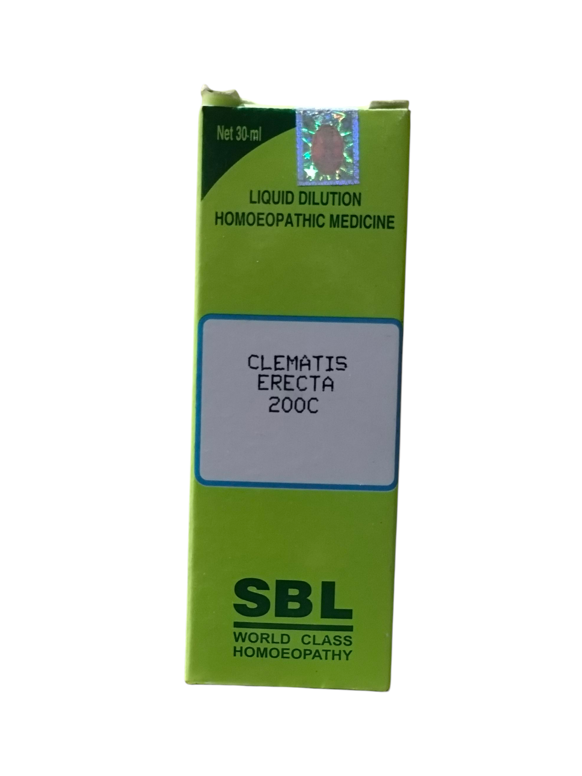 Green box of SBL Clematis Erecta 200C homeopathic medicine on a white background