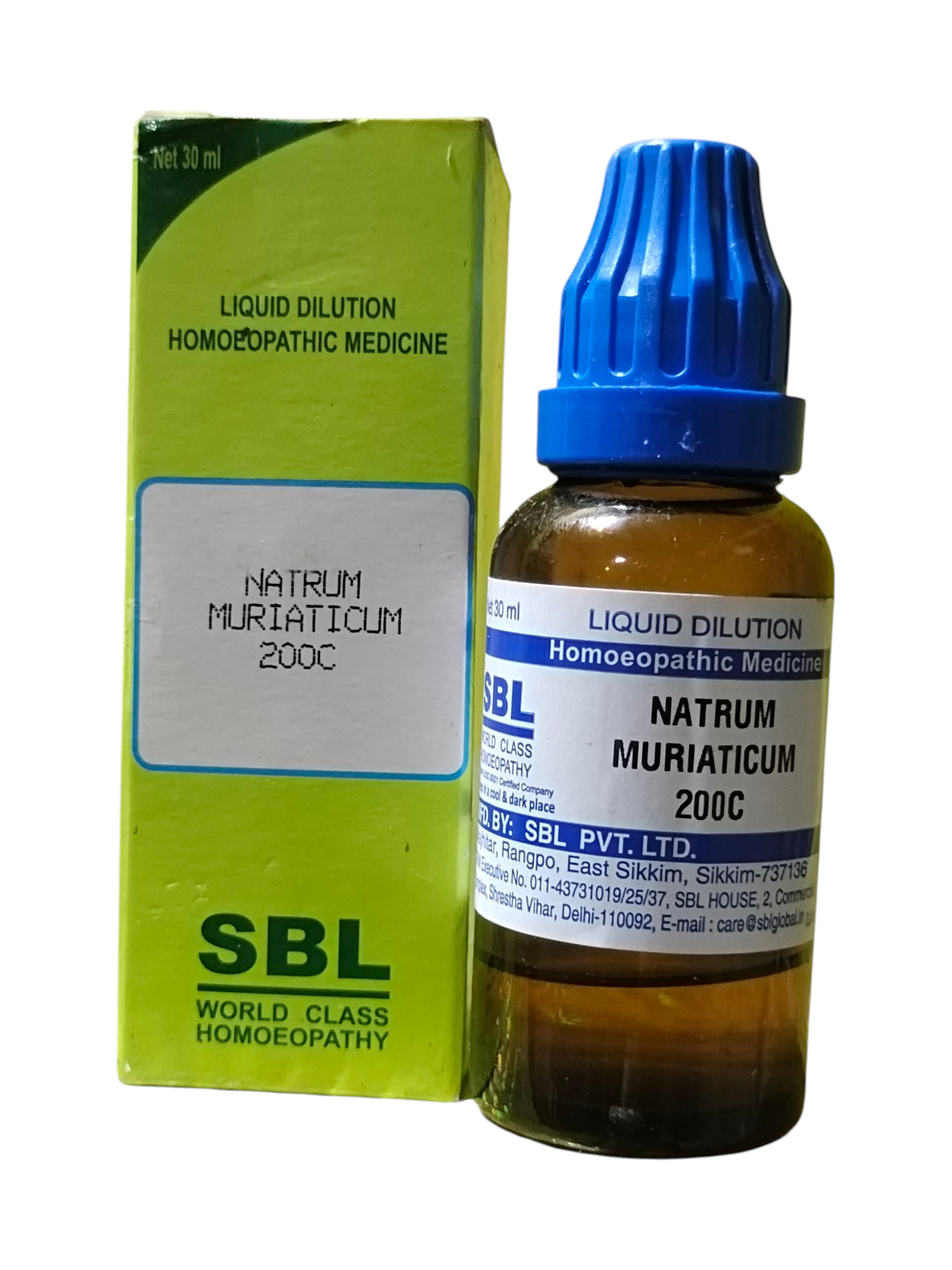 SBL Natrum Muriaticum 200C homeopathic medicine bottle and packaging on a white background
