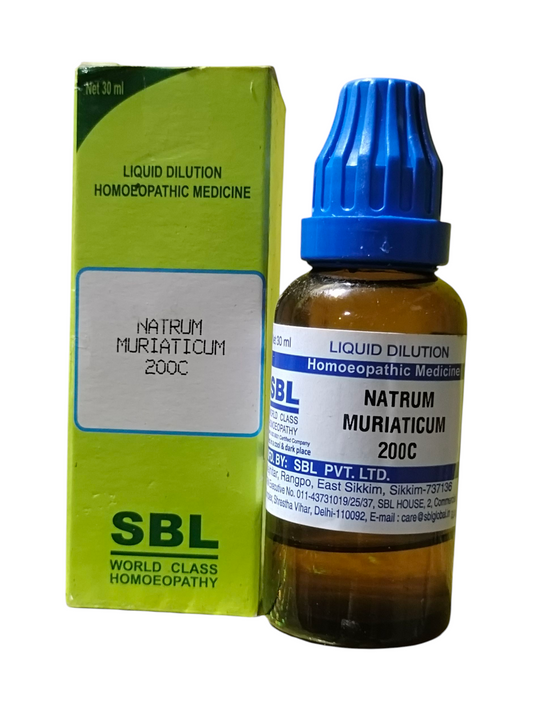 SBL Natrum Muriaticum 200C homeopathic medicine bottle and packaging on a white background