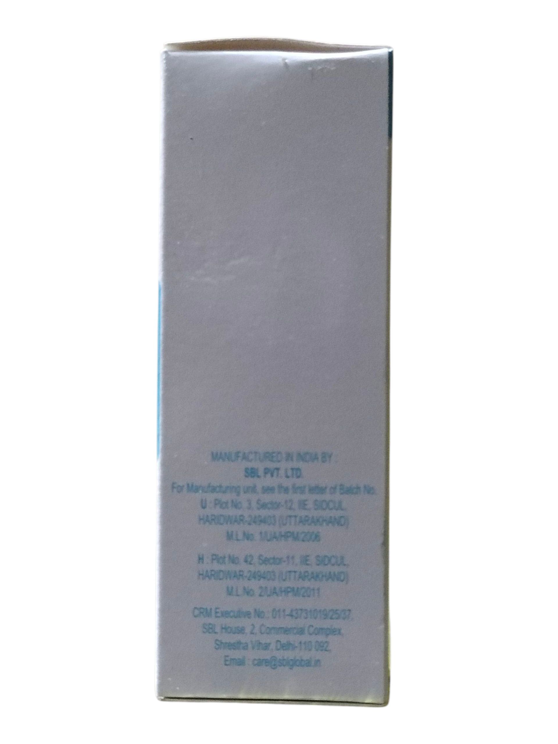 White rectangular box with blue text on a white background