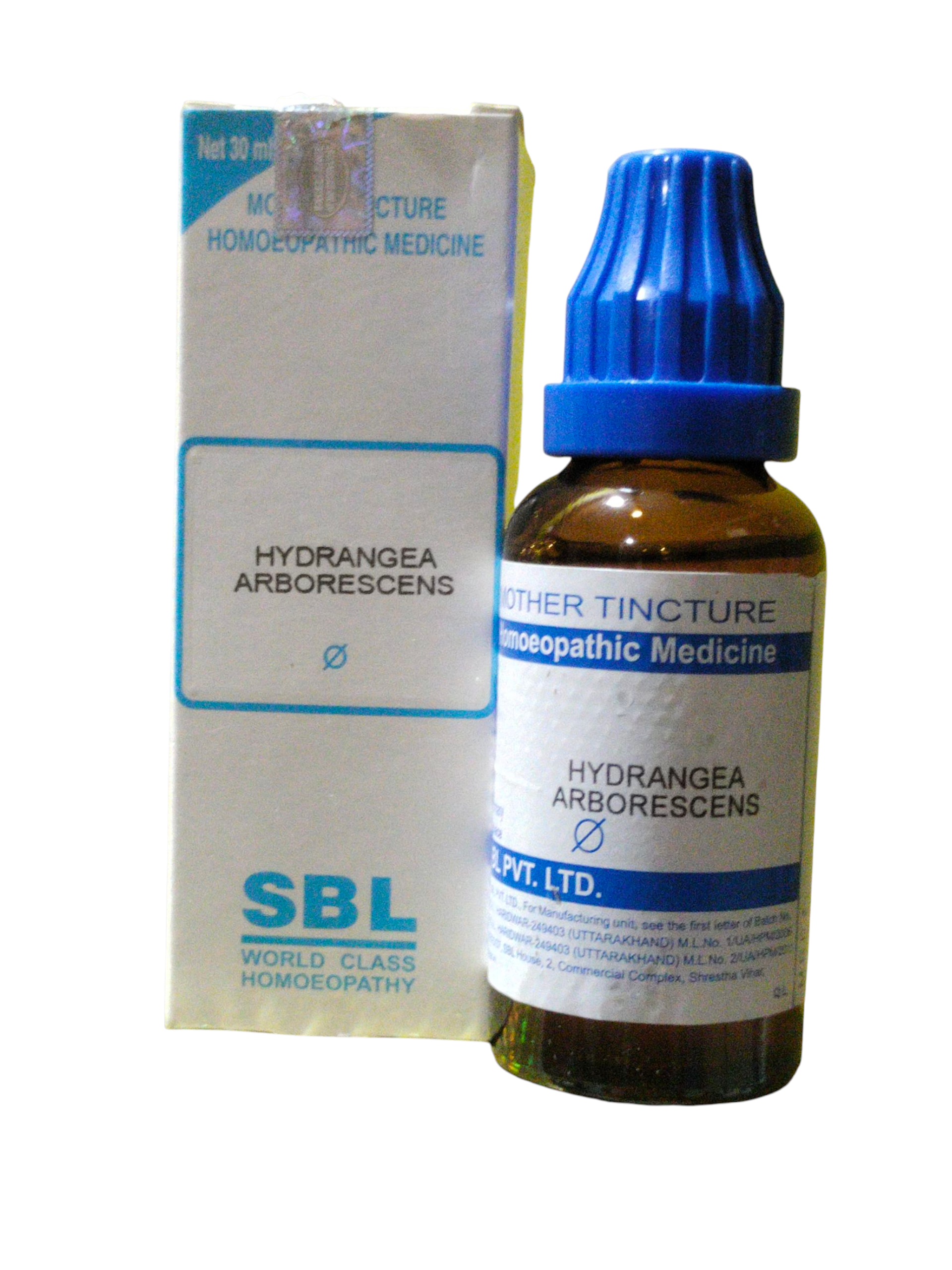 SBL Hydrangea Arborescens homeopathic medicine bottle and box on a white background