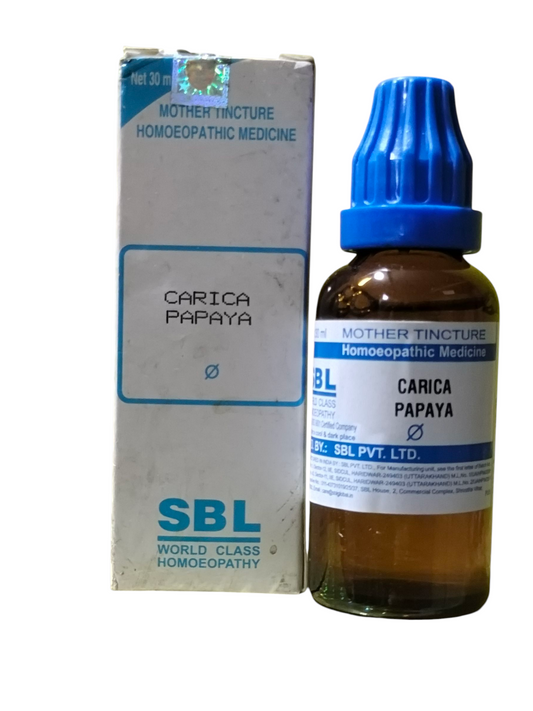 SBL Carica Papaya homeopathic medicine bottle and box on a white background