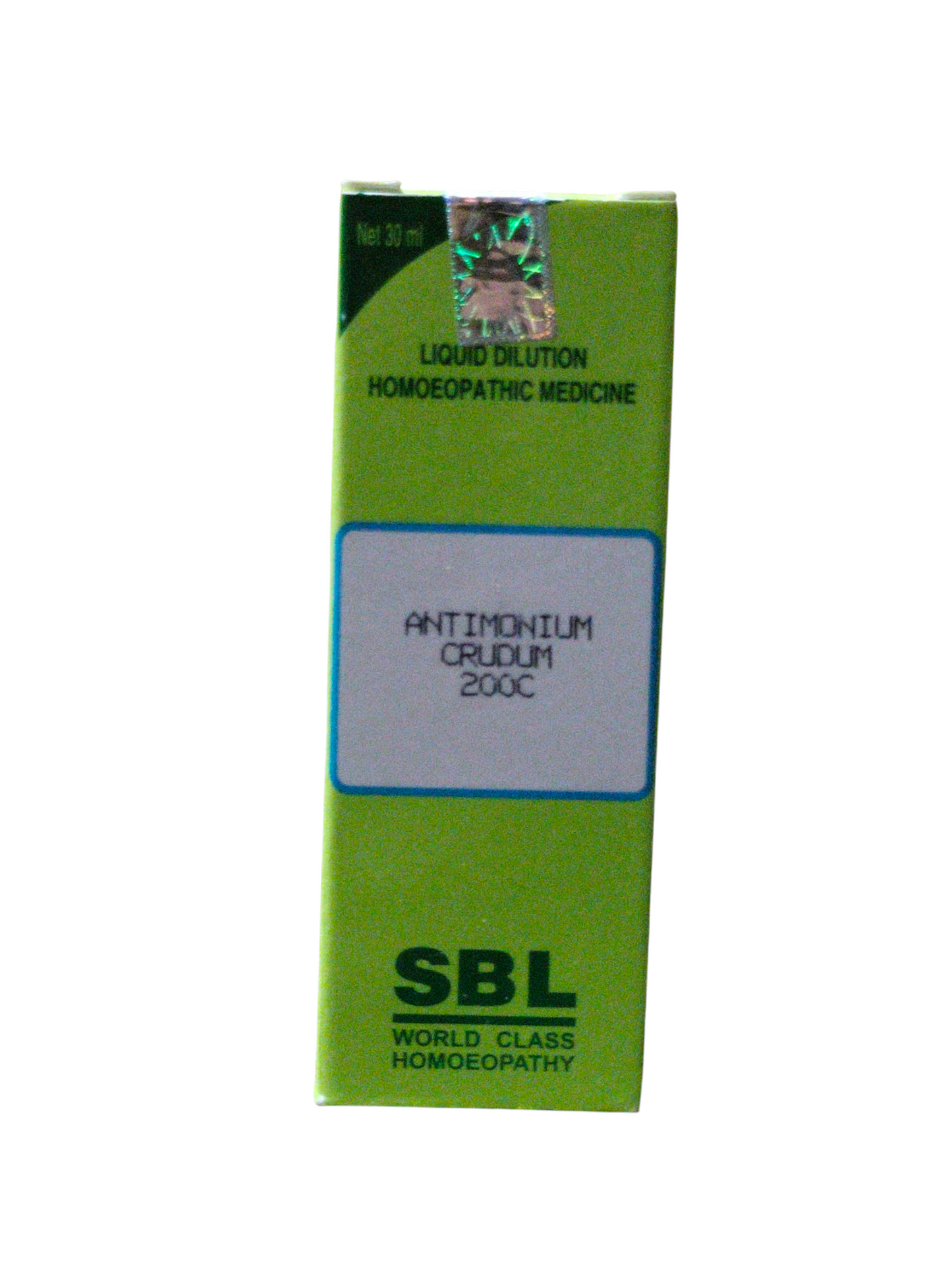 SBL Antimonium Cruddum 200C homeopathic medicine bottle on a white background