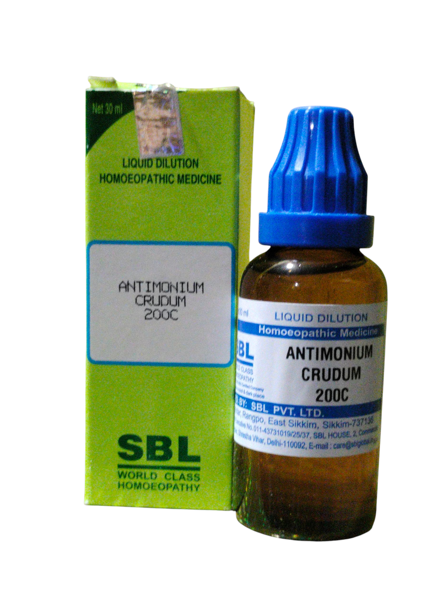 SBL Antimonium Crudum 200C homeopathic medicine bottle and packaging on a white background