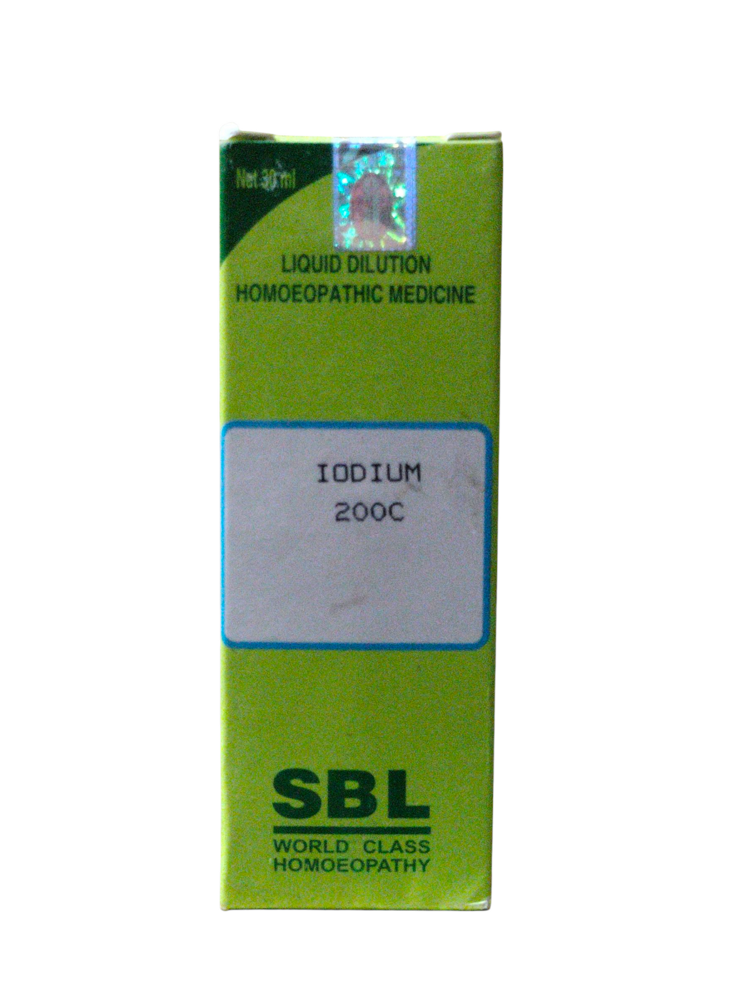 Green box of SBL Iodium 200C homeopathic medicine on a white background