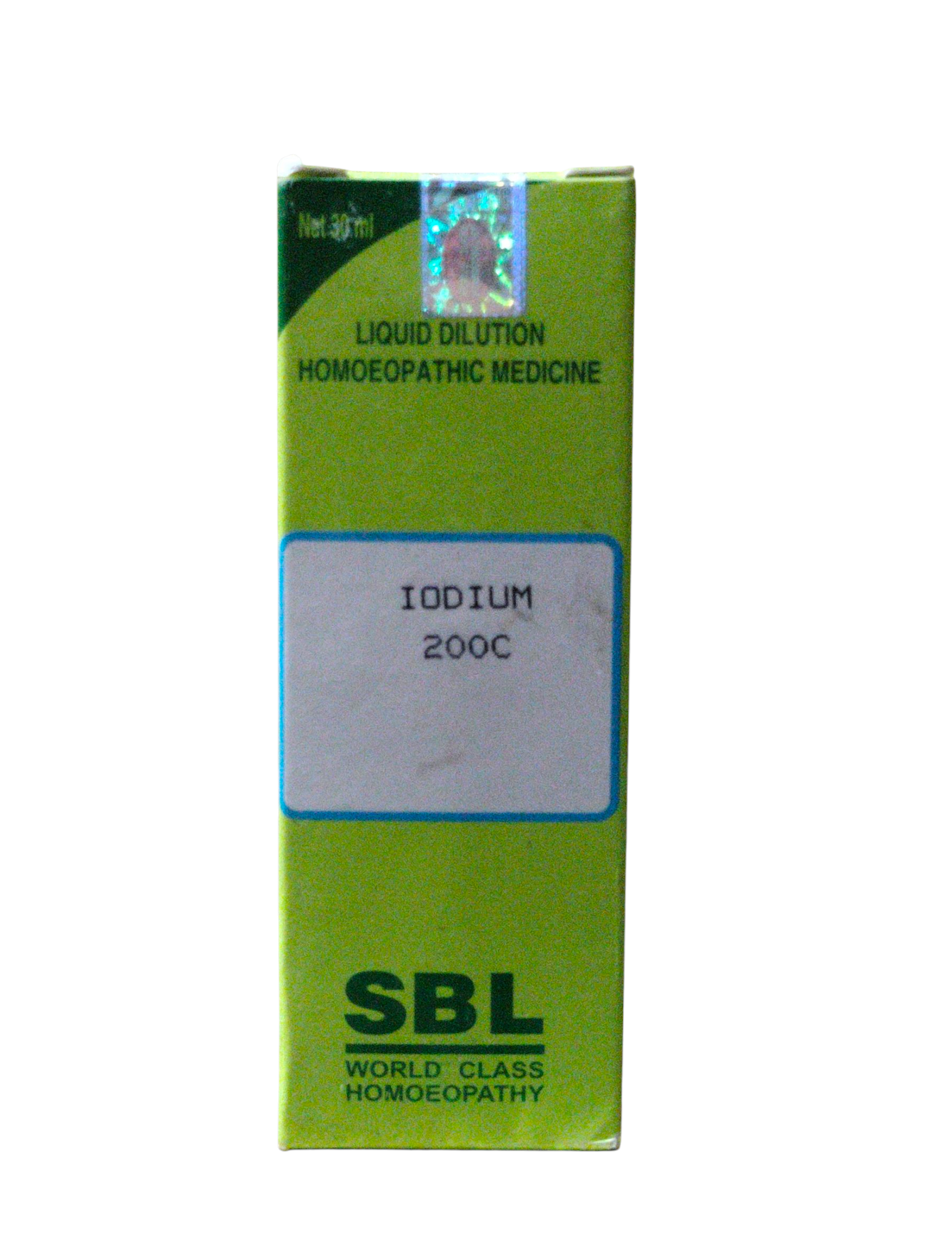 Green box of SBL Iodium 200C homeopathic medicine on a white background