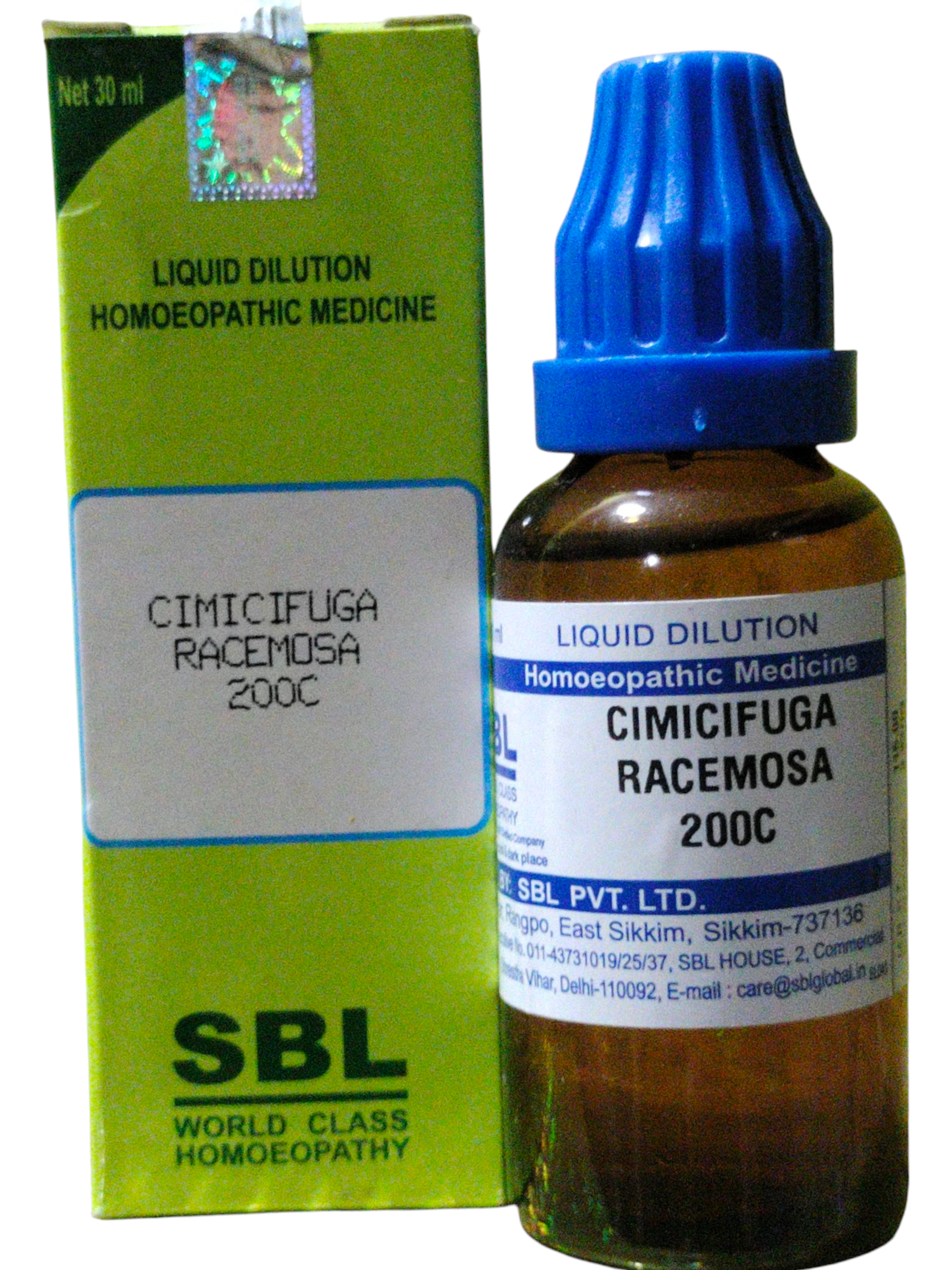 Homoeopathic medicine bottle and packaging with SBL branding