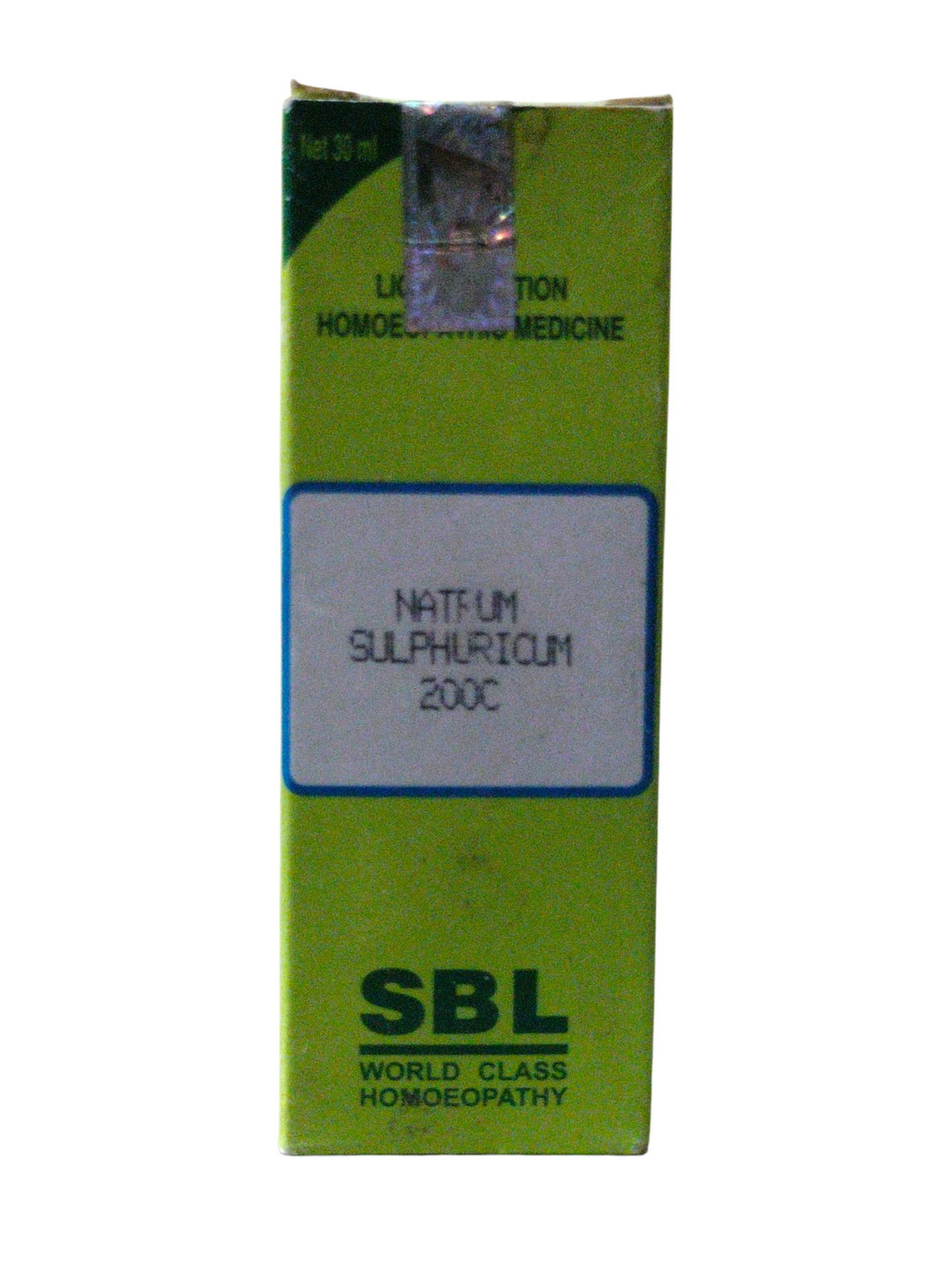 Green box of SBL Natrum Sulphuricum 200C homeopathic medicine on a white background