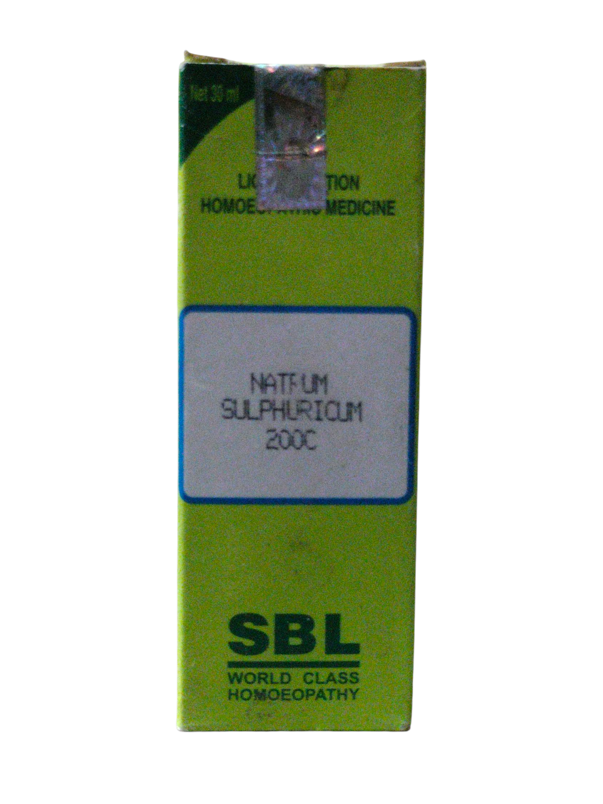 Green box of SBL Natrum Sulphuricum 200C homeopathic medicine on a white background