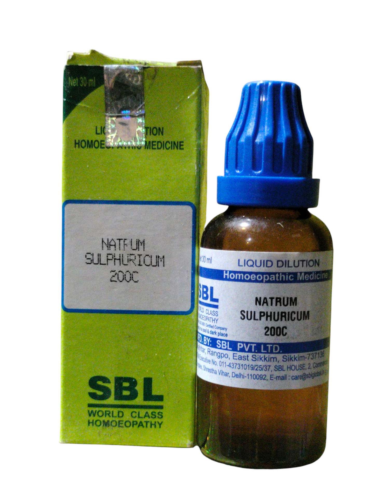 SBL Natrum Sulphuricum 200C homeopathic medicine bottle and packaging on a white background