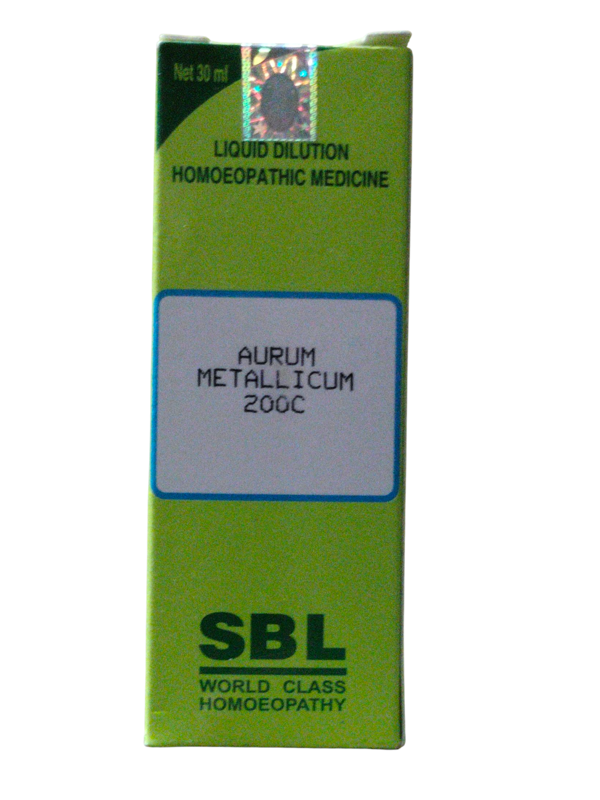Green box of SBL Aurum Metallicum 200C homeopathic medicine on a white background