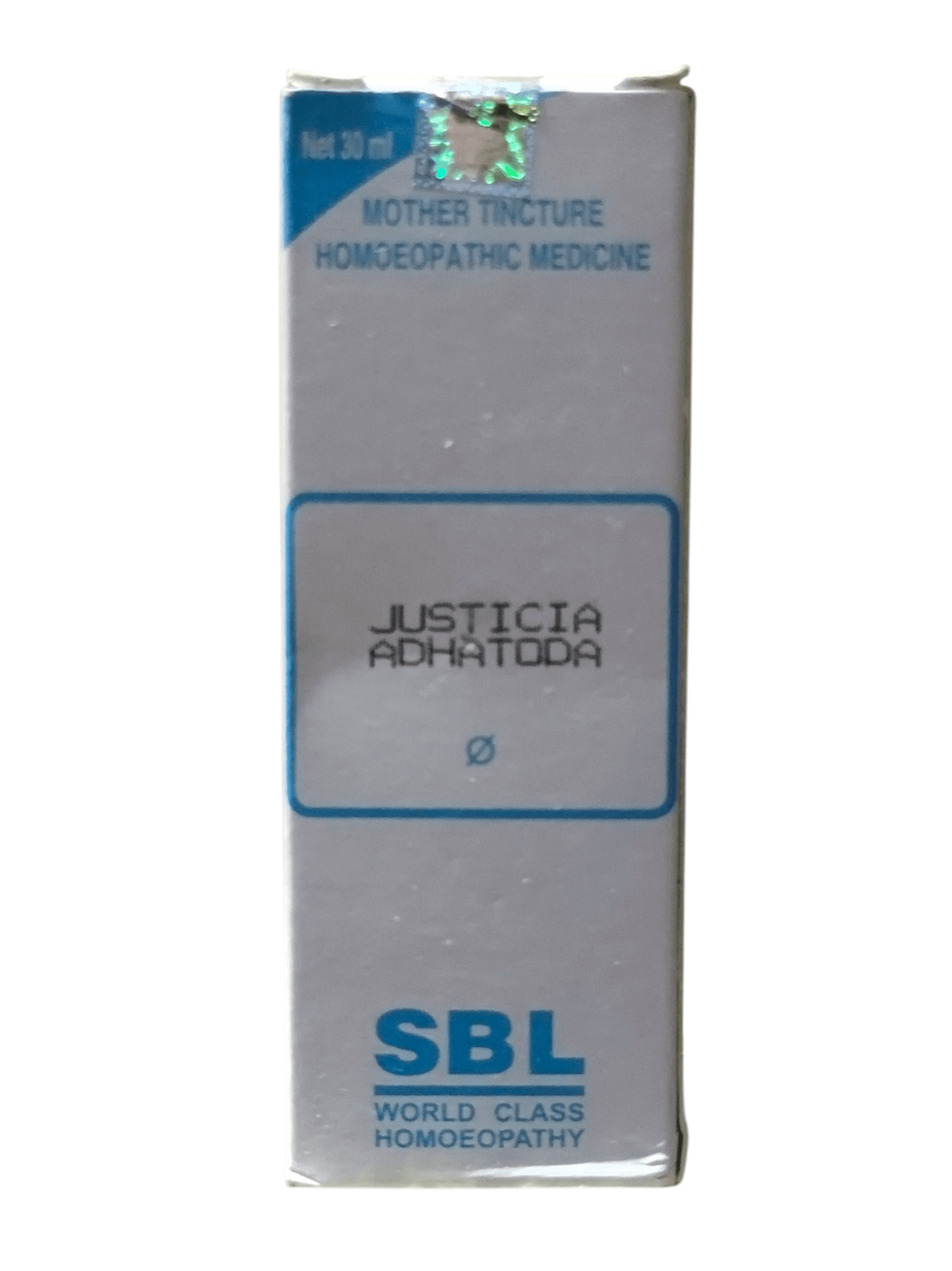 SBL Justicia Adhatoda homeopathic medicine box on a white background
