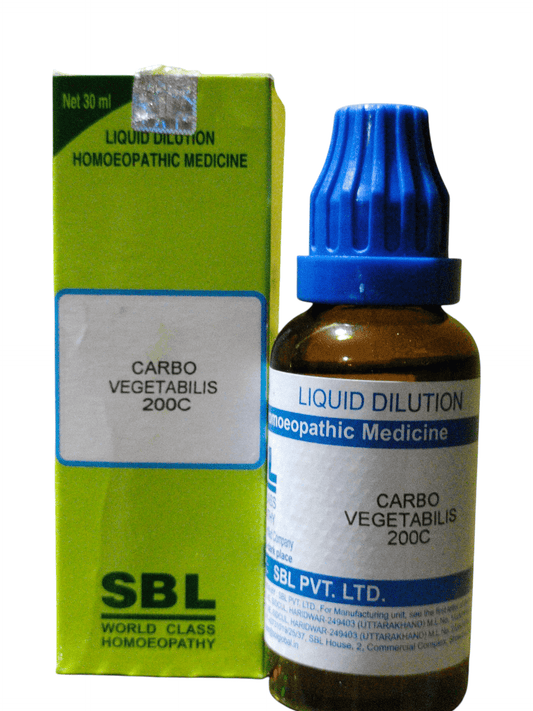 SBL Carbo Vegetabilis 200C homeopathic medicine bottle and packaging on a white background