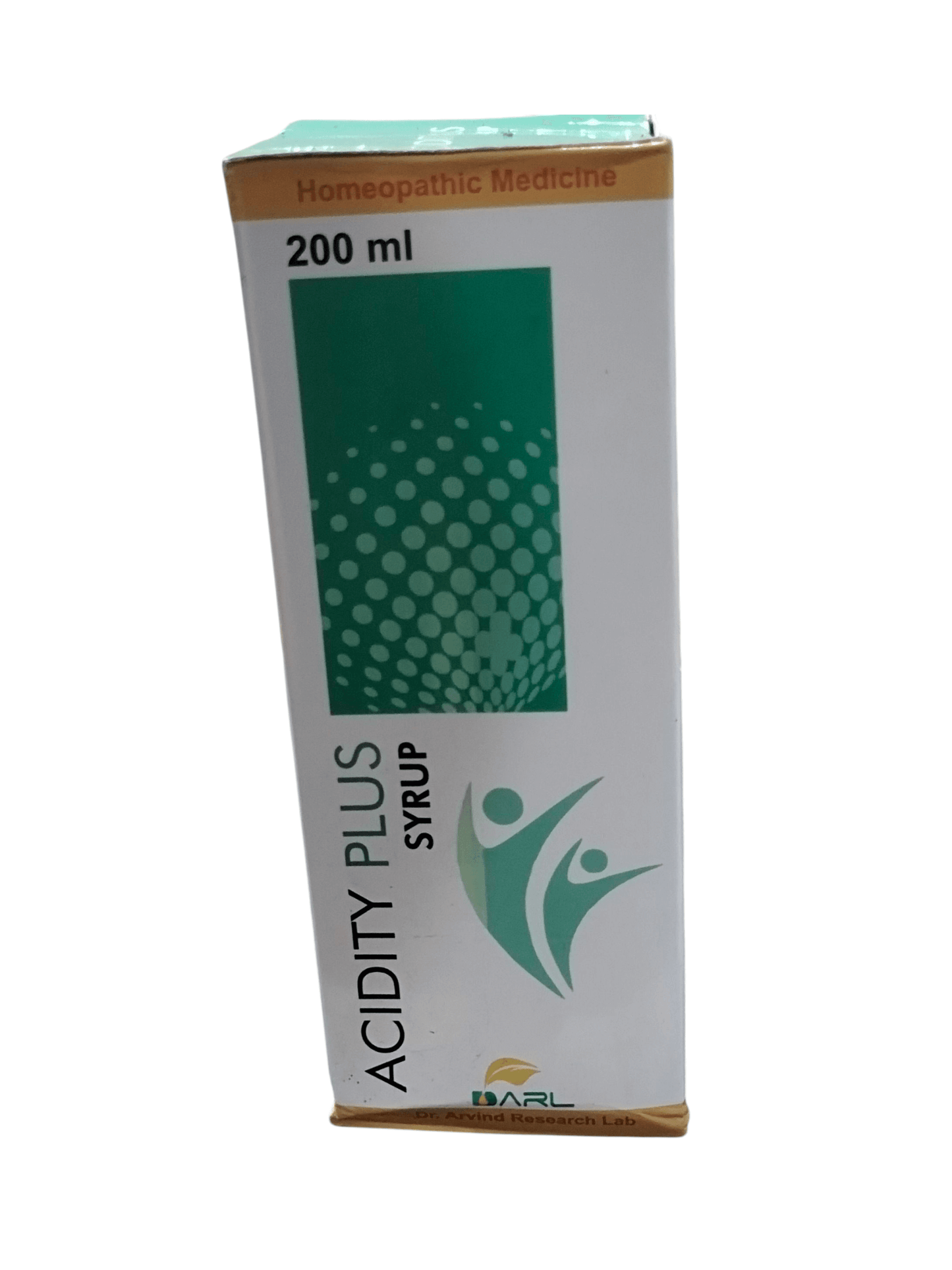 Box of Acidity Plus Syrup with green and white design on a white background