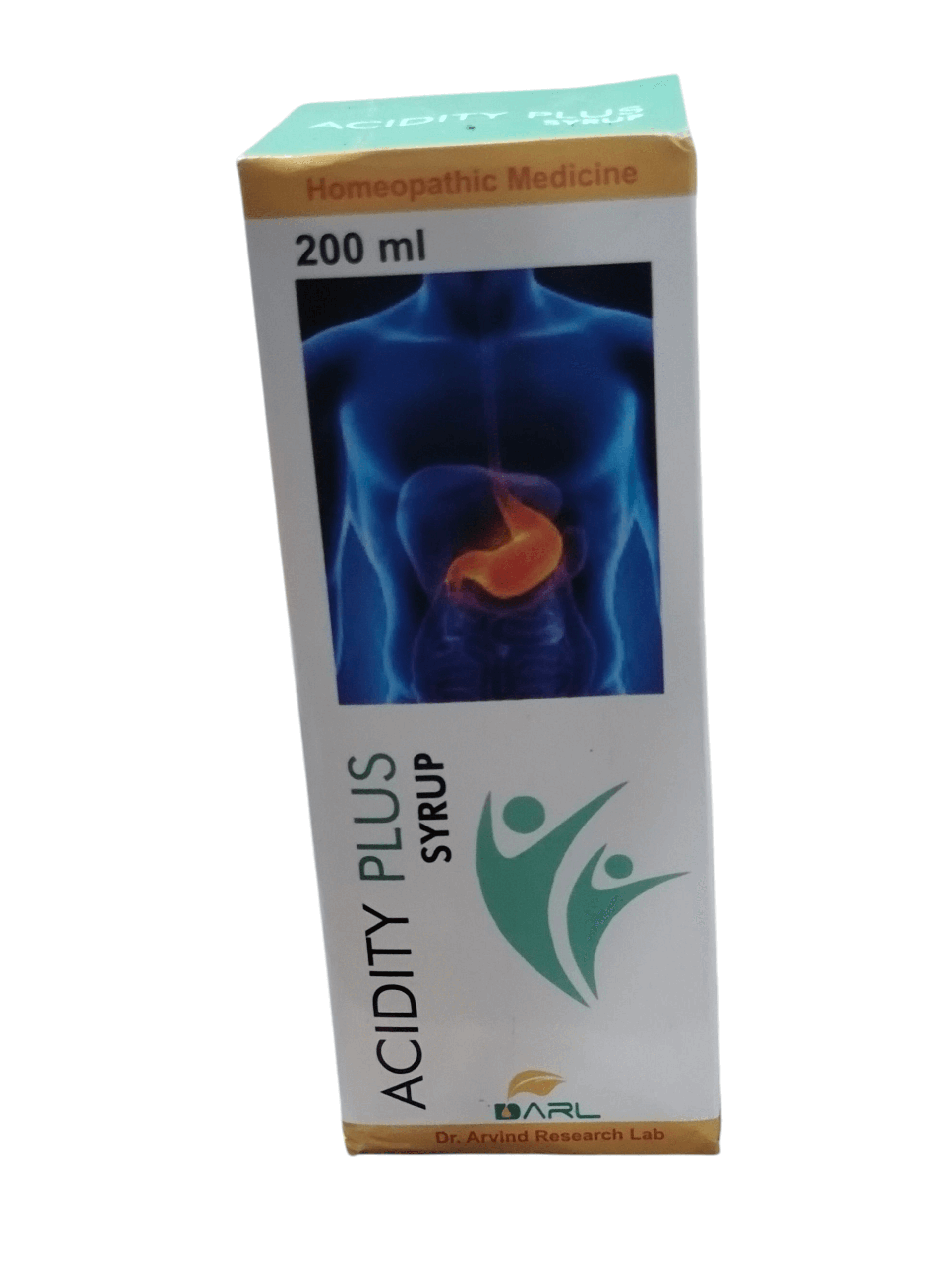 Box of Acidity Plus Syrup with a depiction of an acid reflux on a white background