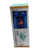 Box of Acidity Plus Syrup with a depiction of an acid reflux on a white background