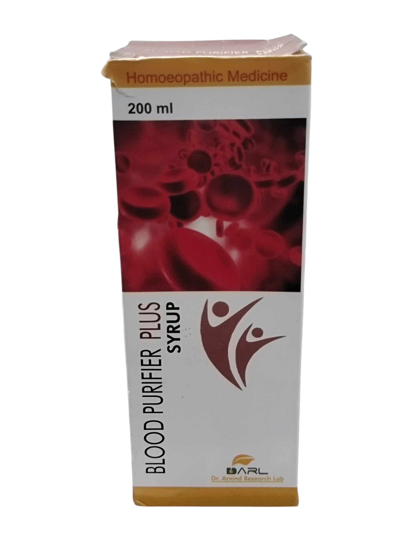 Box of Blood Purifier Plus Syrup with red blood cell imagery on a white background