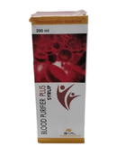 Box of Blood Purifier Plus Syrup with red blood cell imagery on a white background