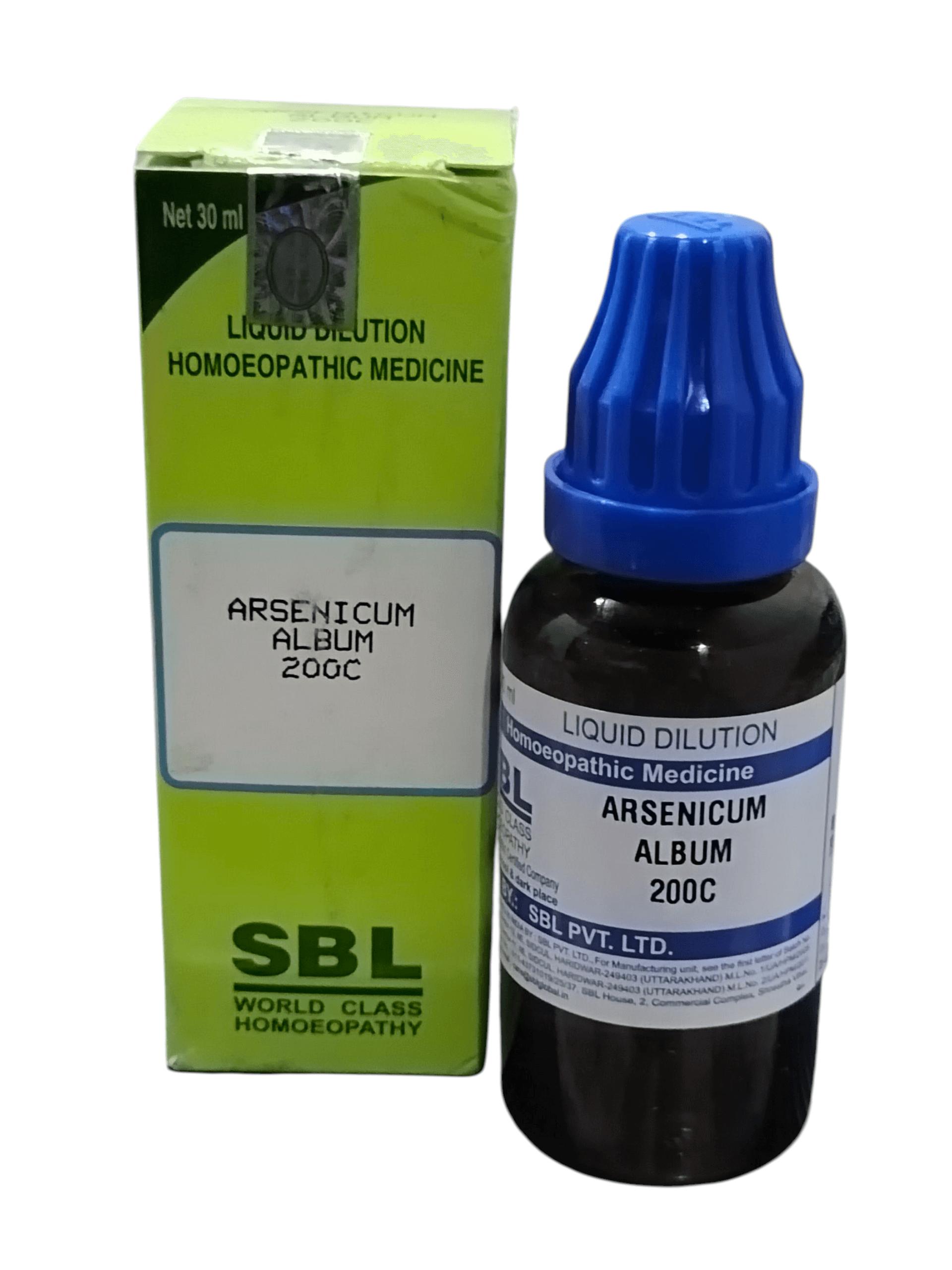 SBL Arsenicum Album 200C homoeopathic medicine bottle and packaging on a white background