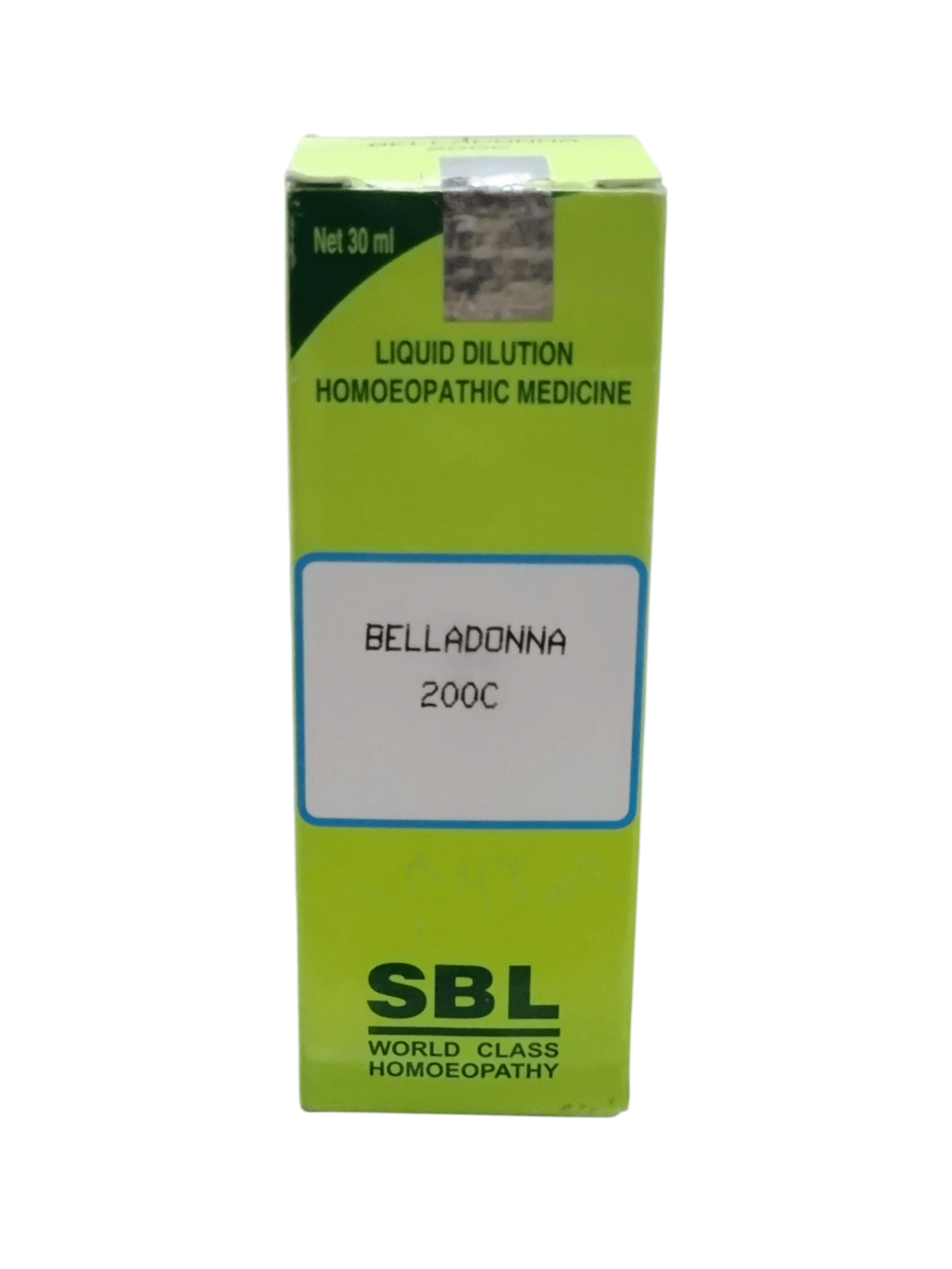 SBL Belladonna 200C homeopathic medicine liquid dilution packaging on a white background