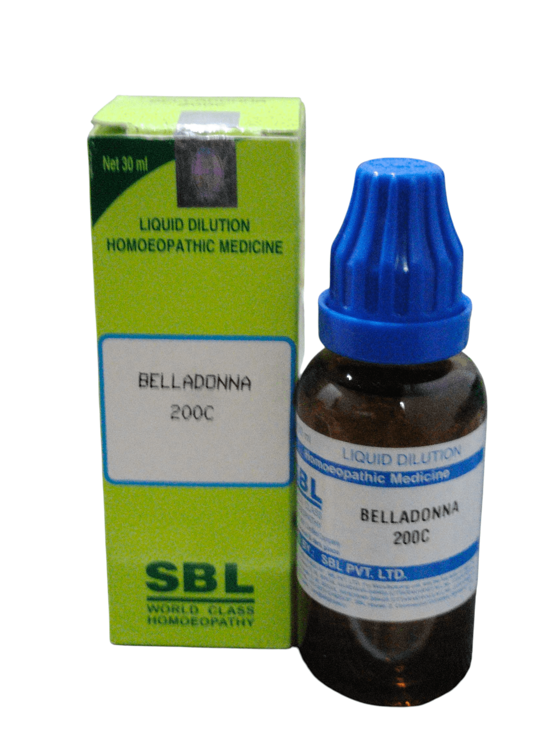 SBL Belladonna 200C homeopathic medicine bottle and packaging on a white background