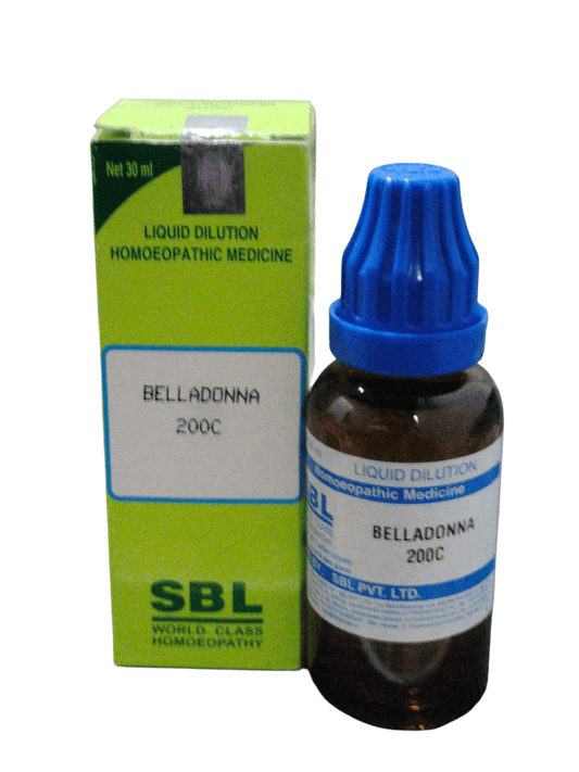 SBL Belladonna 200C homeopathic medicine bottle and packaging on a white background
