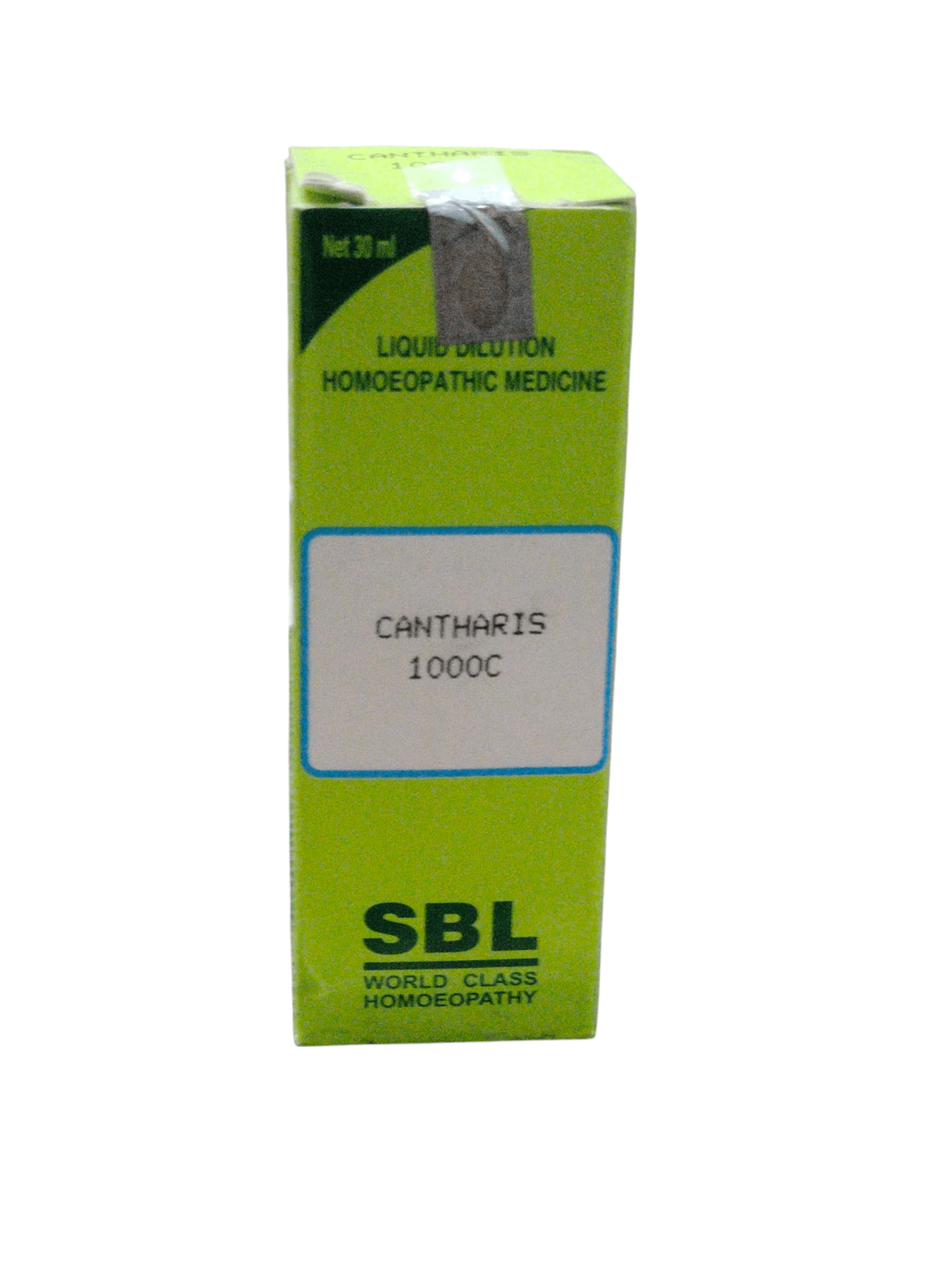 SBL homeopathic medicine box for Cantharis 1000C on a white background