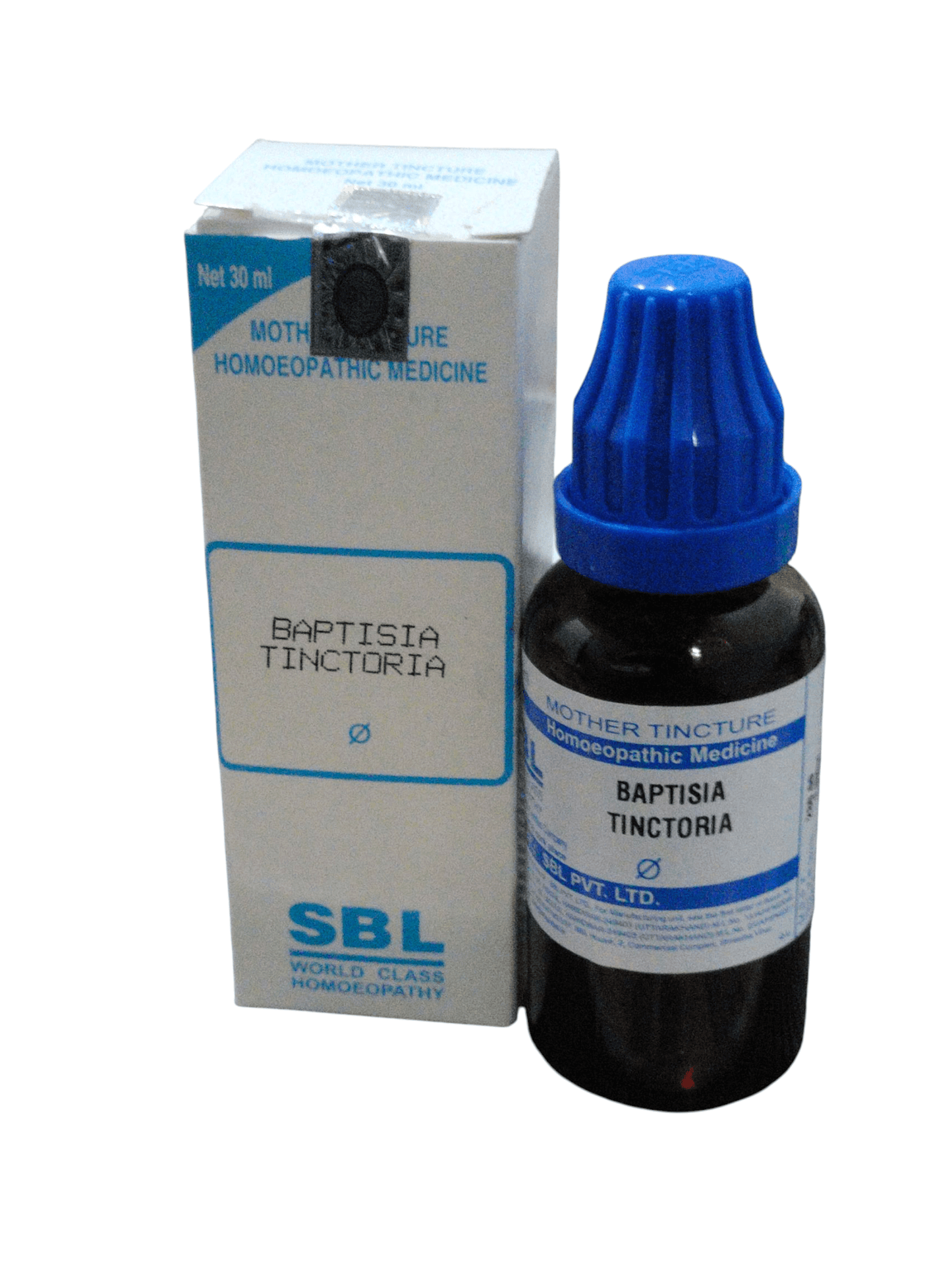 SBL Baptisia Tinctoria homeopathic medicine bottle and packaging on a white background