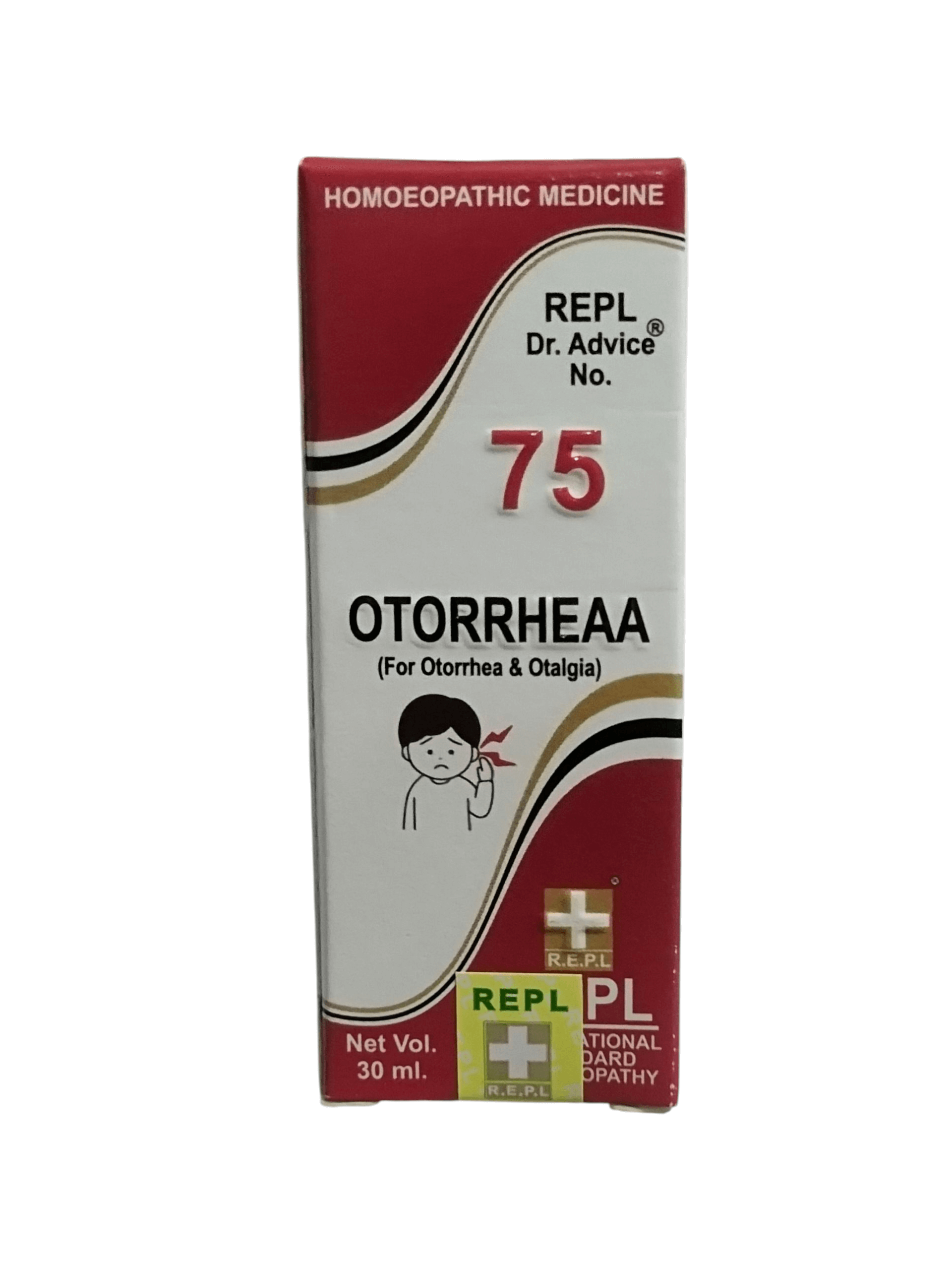 Box of REPL Dr. Advice No. 75 Otorrheaea medicine for diphtheria and otitis on a white background