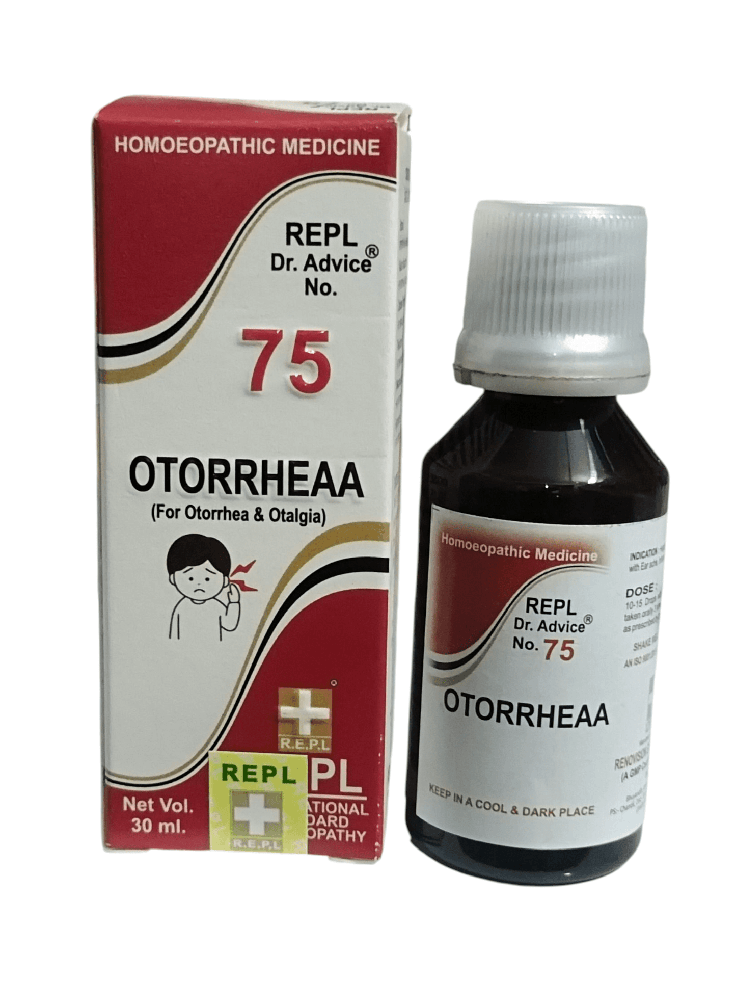 Homoeopathic medicine bottle and packaging for Otorrheaa on a white background