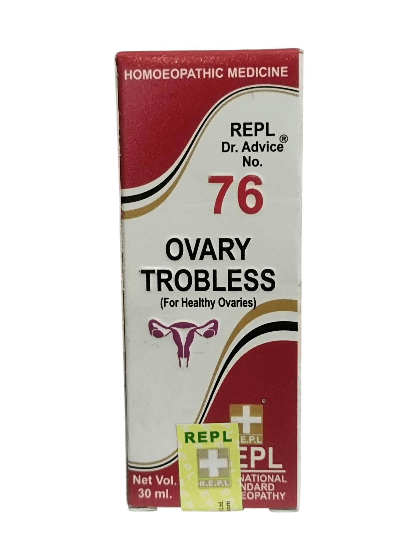 Box of Ovary Troubles homoeopathic medicine with branding and product details.