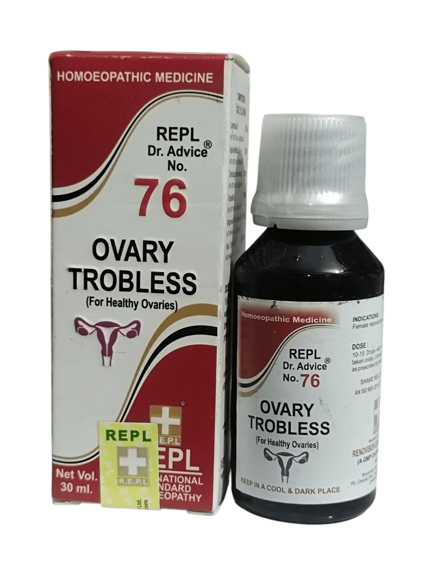 Ovary Troublesless homeopathic medicine bottle and packaging on a white background
