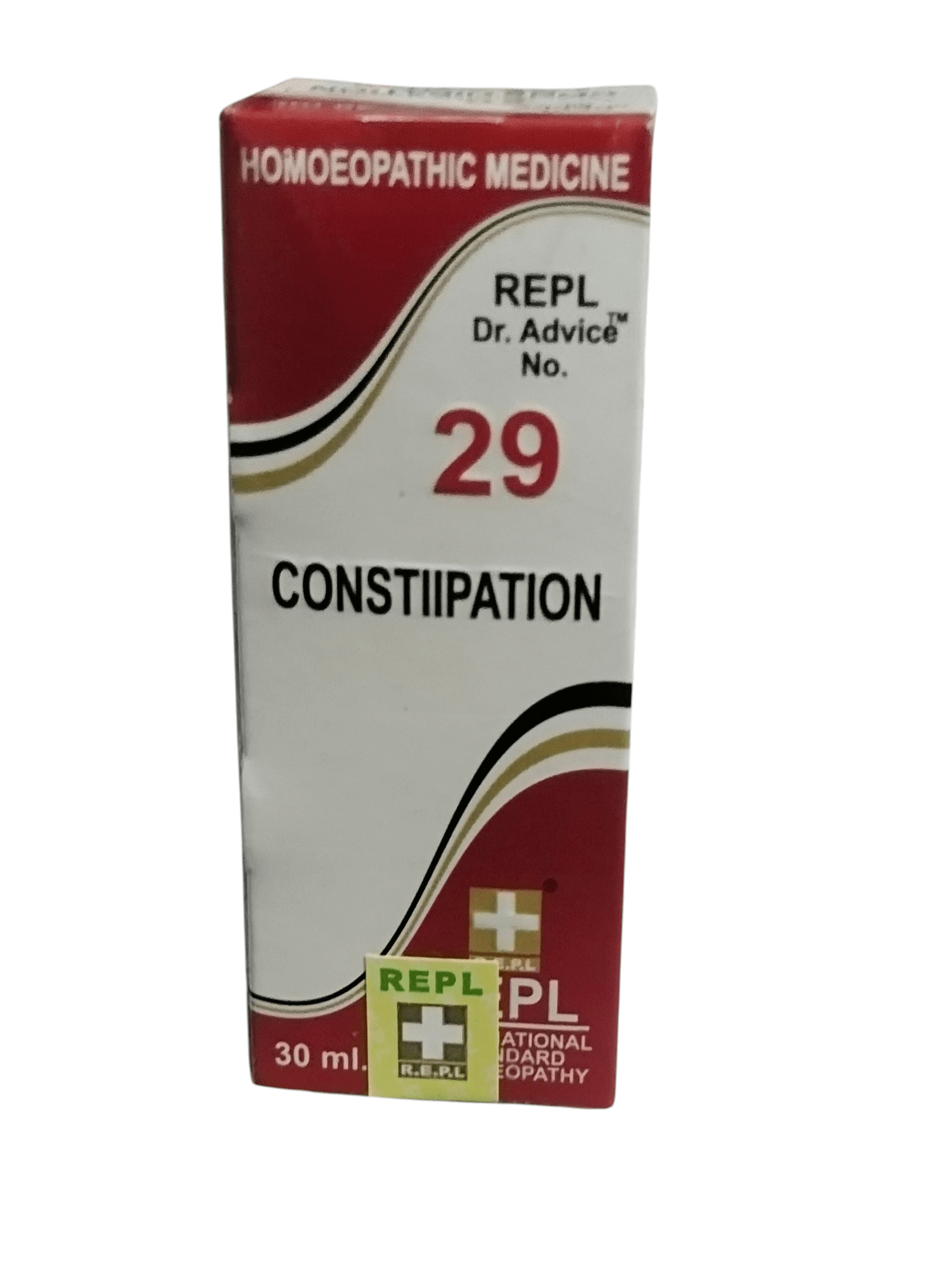 Box of homoeopathic medicine for constipation on a white background